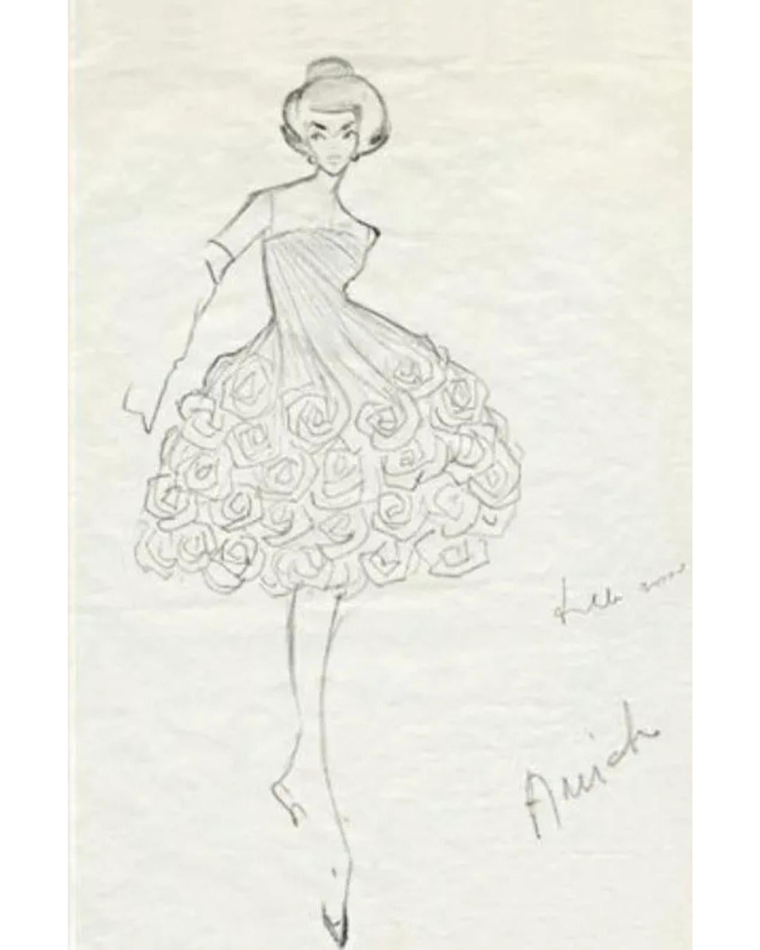 1960s Italian Alta Moda Ruched Dress with Rose Appliques For Sale 4