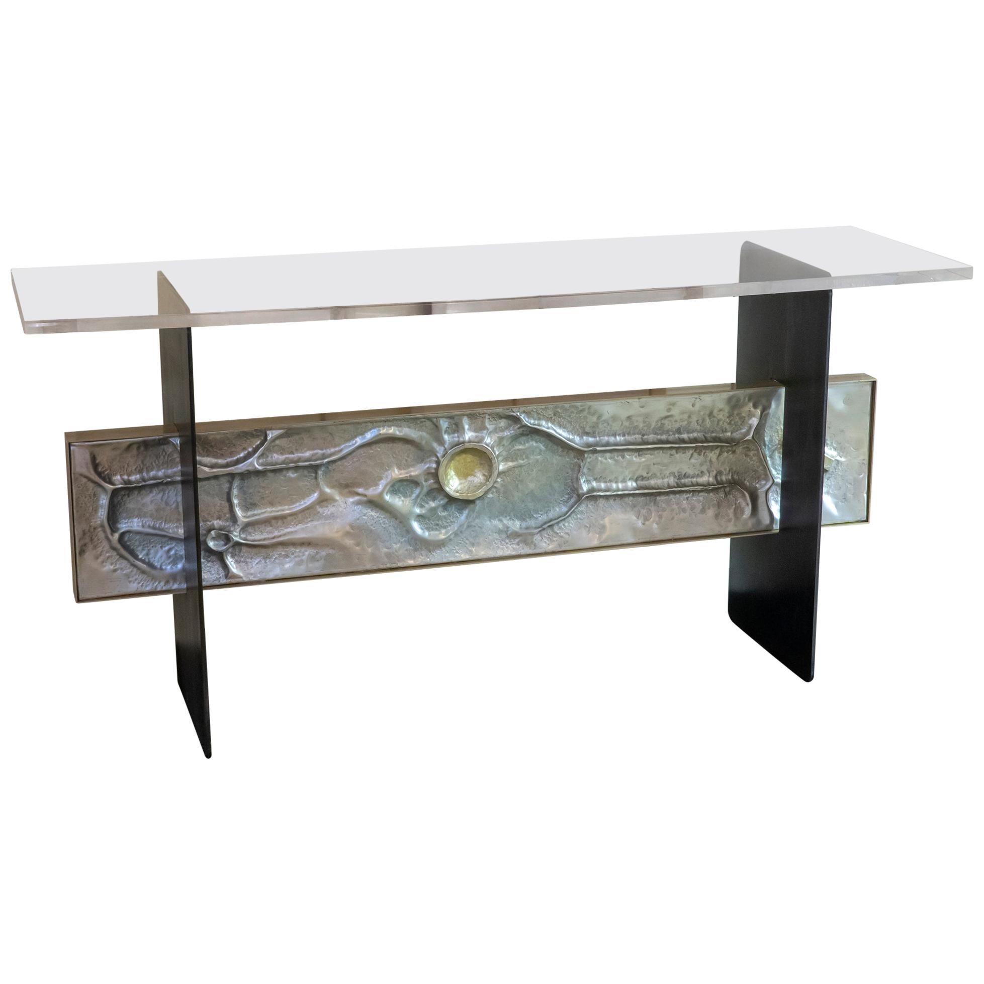 1960s Italian Aluminum Frieze Console, Steel Structure, Plexiglass Top