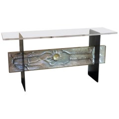1960s Italian Aluminum Frieze Console, Steel Structure, Plexiglass Top