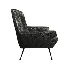 1960s Italian Armchair in Black Gold Metallic Floral Patterned Silk
