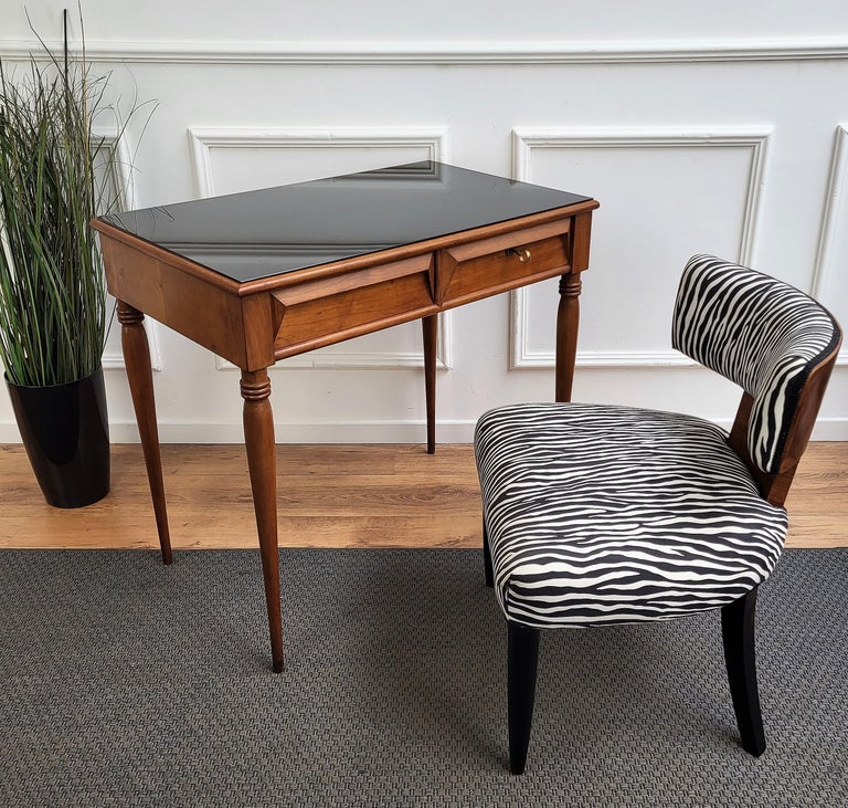 1960s Italian Art Deco Mid-Century Walnut Brass Glass Top Desk Writing ...
