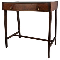 1960s Italian Art Deco Mid-Century Walnut Brass Glass Top Desk Writing Table