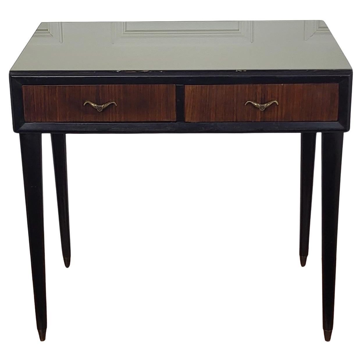 1960s Italian Art Deco Mid-Century Walnut Brass Glass Top Desk Writing Table For Sale