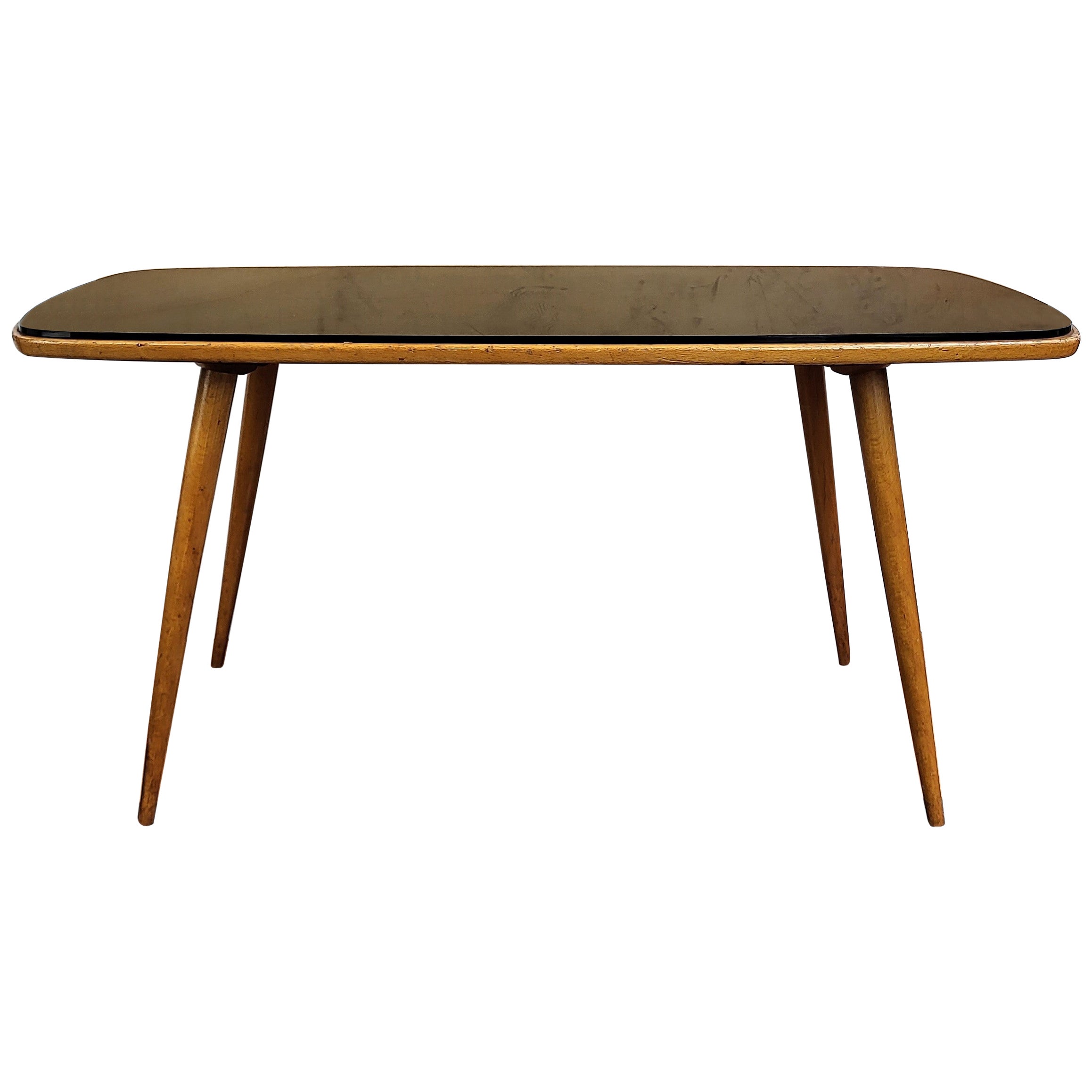 Table d'appoint ou table basse Art déco italien des années 1960, en noyer et laiton, avec plateau en verre.