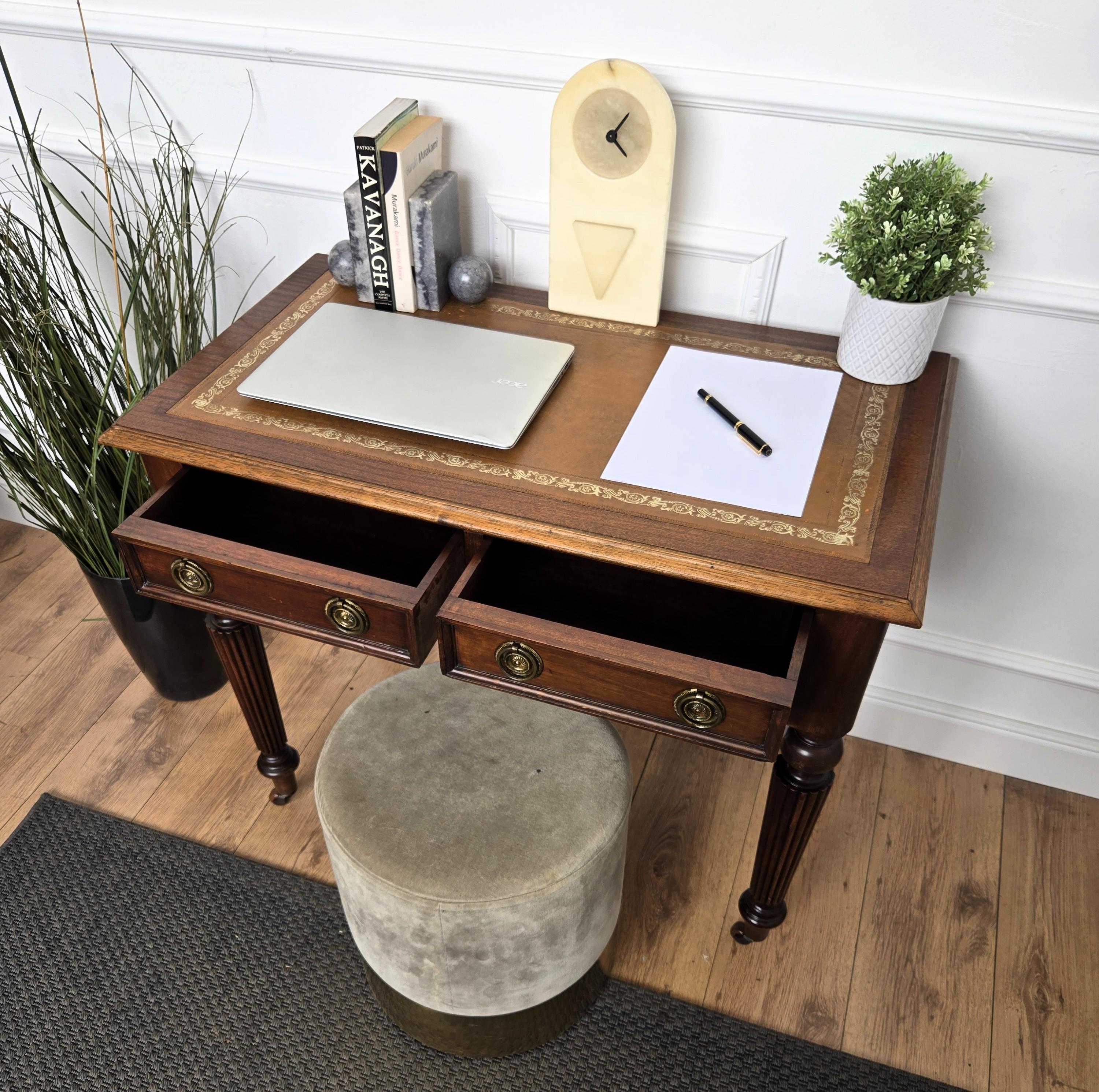 Italiano 1960 Art Deco italiano Mid-Century Walnut Brass Leather Desk Writing Table in vendita