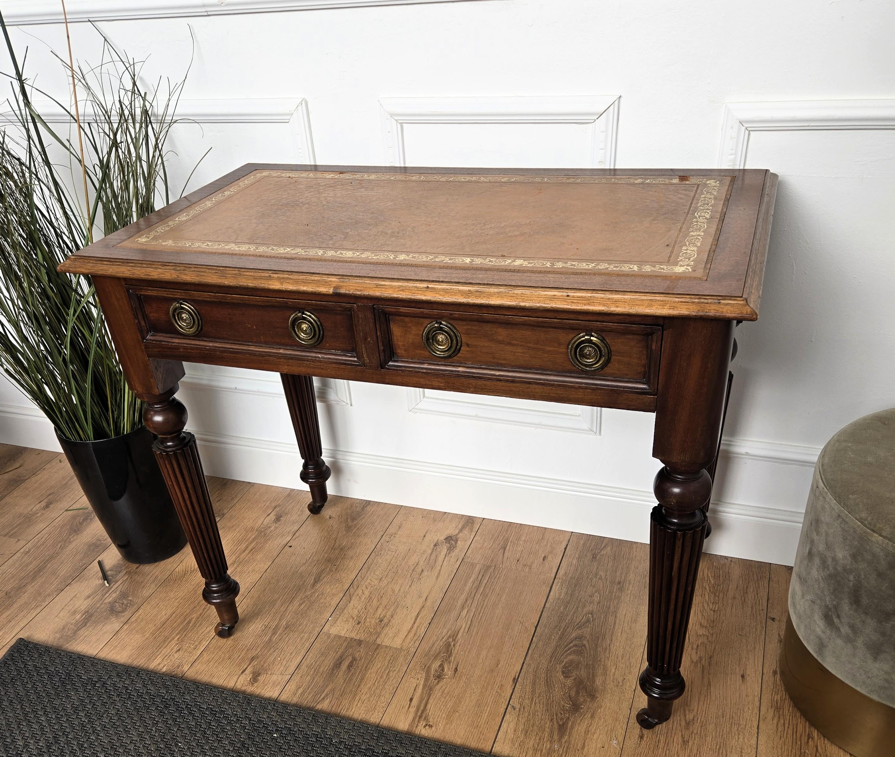 1960 Art Deco italiano Mid-Century Walnut Brass Leather Desk Writing Table in vendita 2