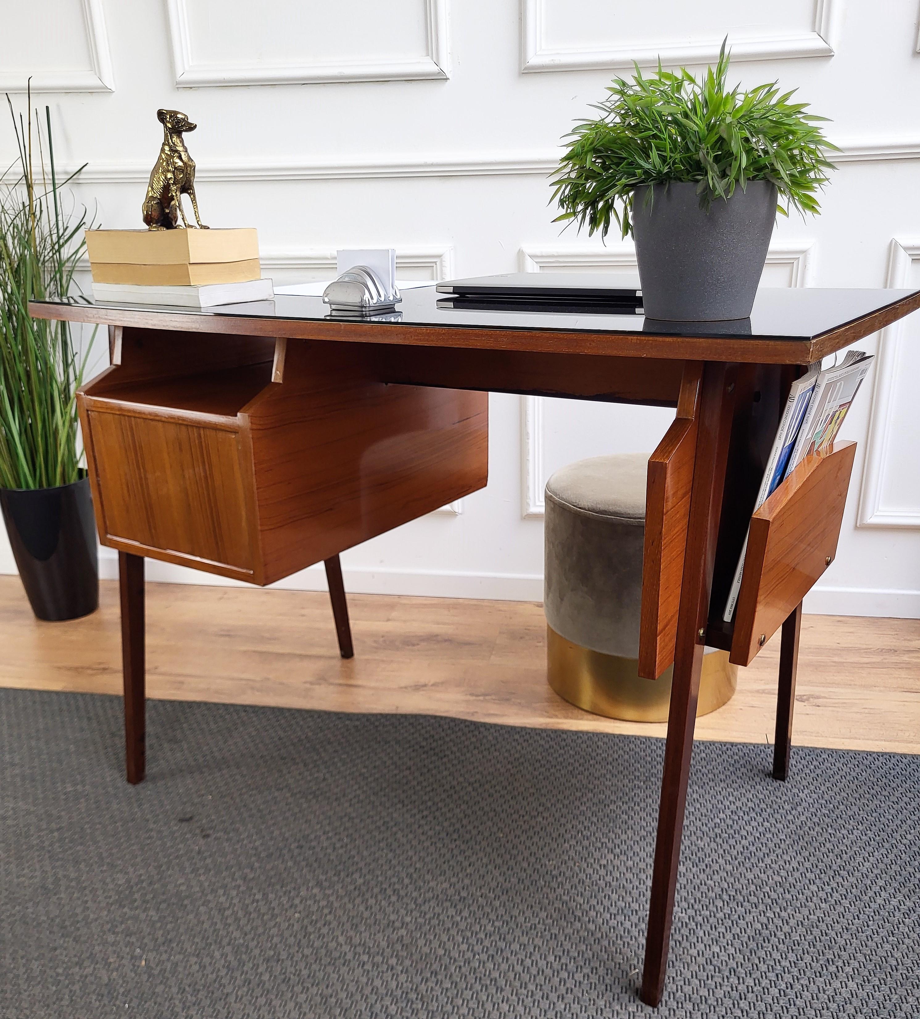 Scandinavian Modern 1960s Italian Art Deco Mid-Century Walnut Glass Top Desk Writing Table