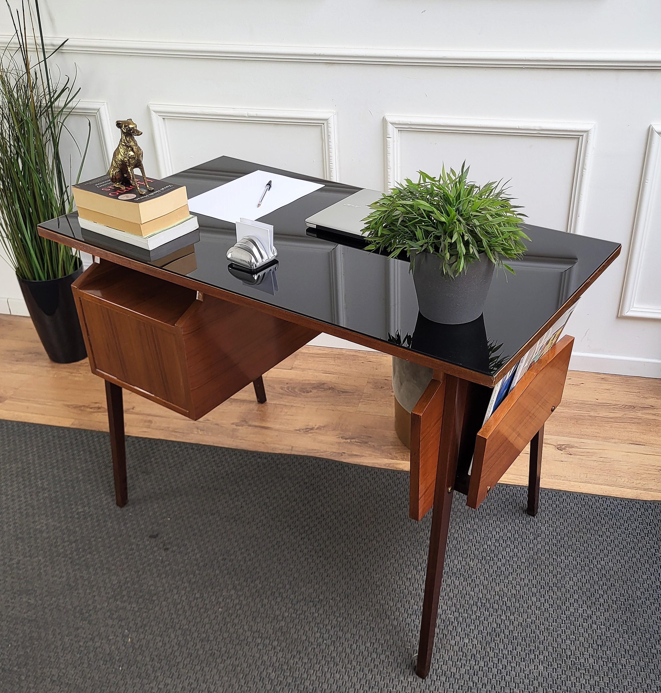 20th Century 1960s Italian Art Deco Mid-Century Walnut Glass Top Desk Writing Table