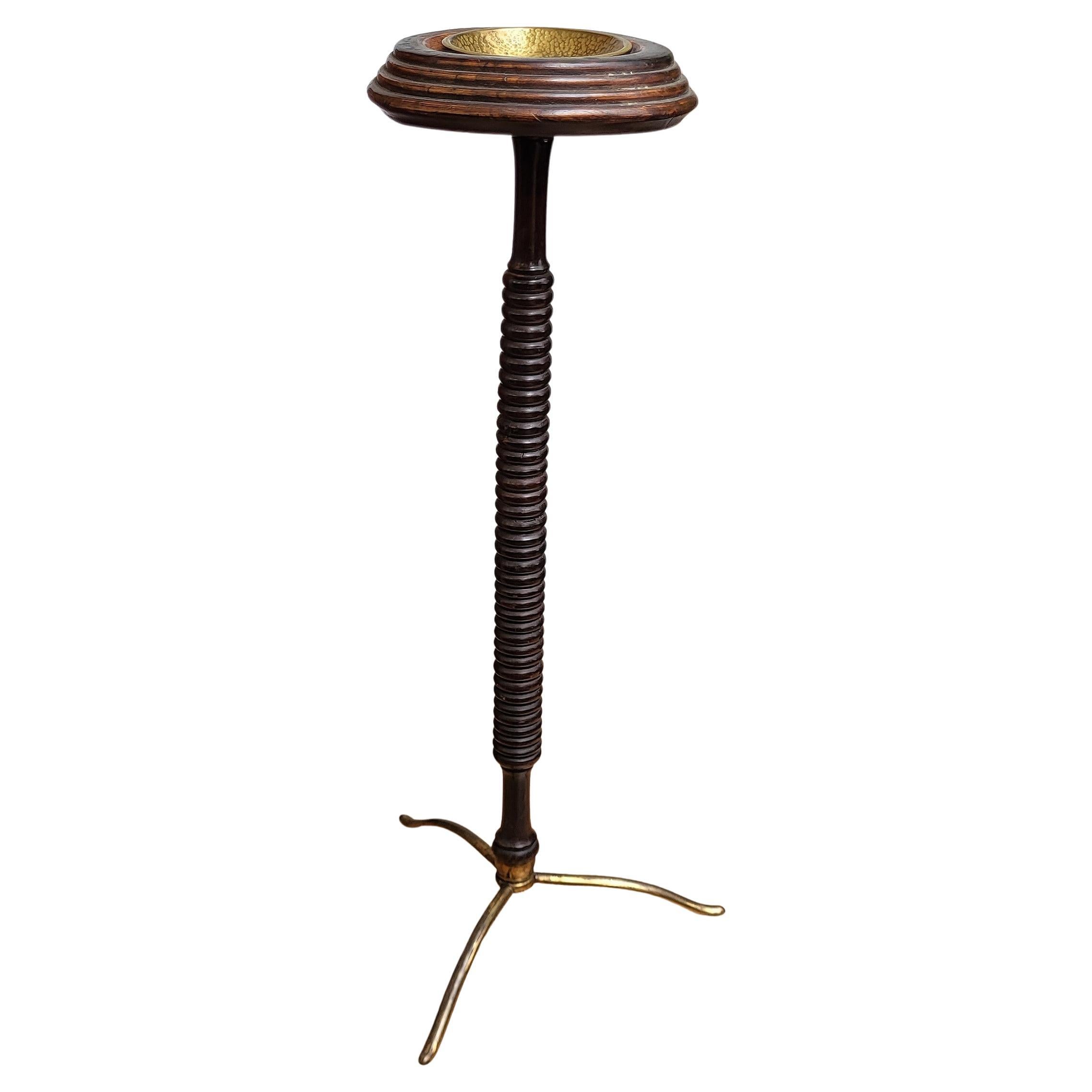 1960s Italian Art deco MidCentury Brass Tripod Bobbin Wood Standing Ashtray For Sale