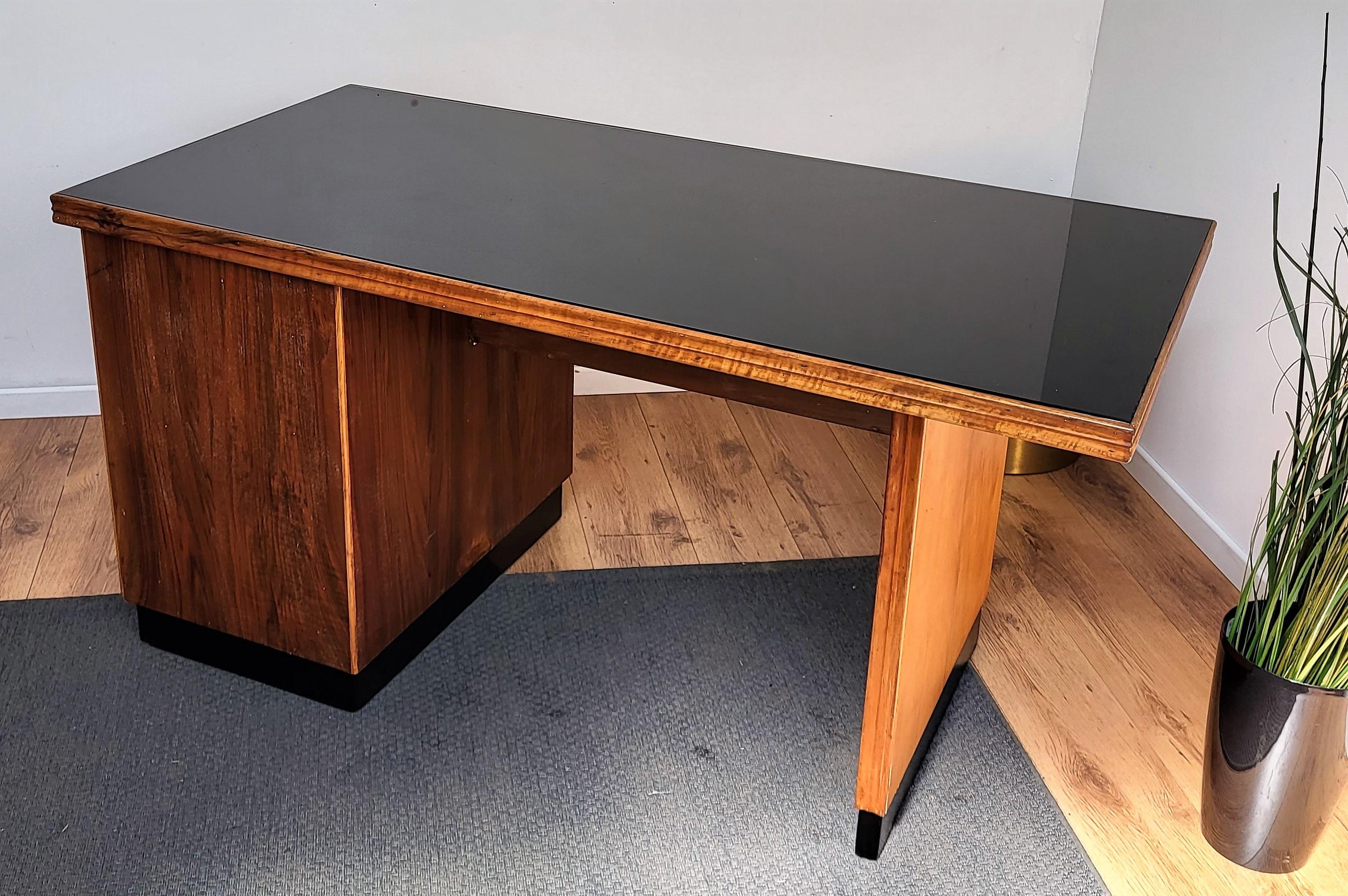 1960s Italian Art Deco Midcentury Walnut Brass Desk Writing Table For Sale 1