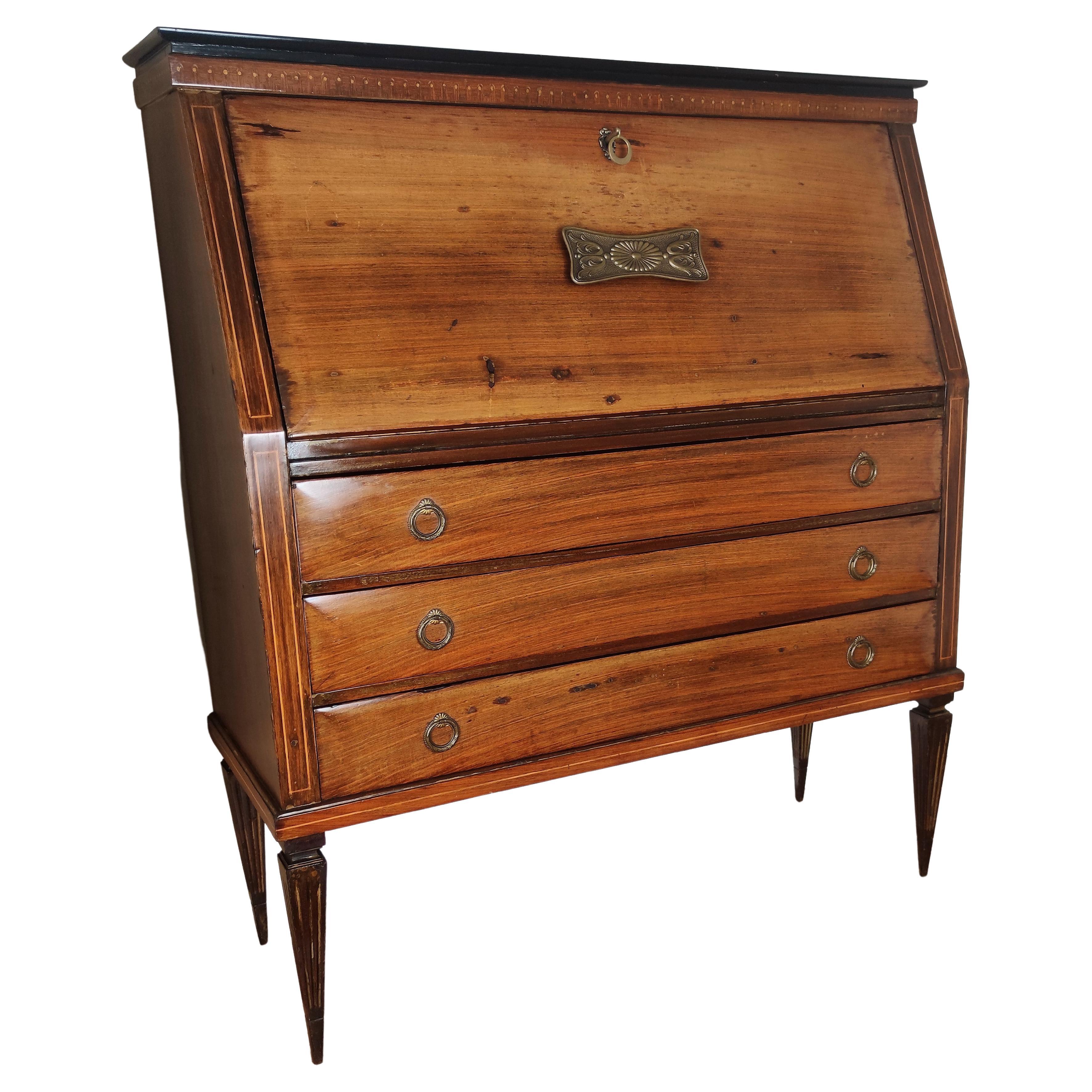 Burl Walnut Slant Front Desk Secretary over Three Drawers, 19th Century at 1stDibs