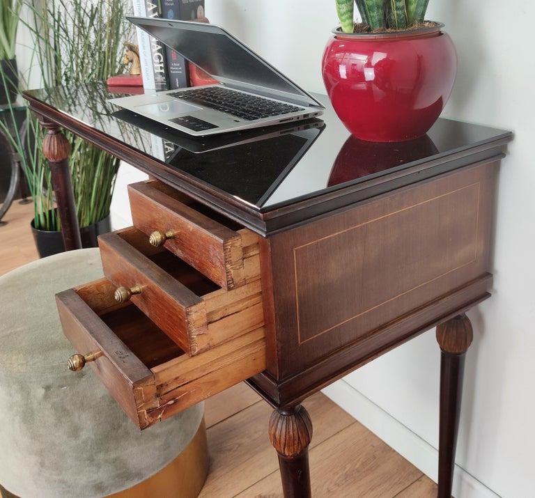 20th Century 1960s Italian Art Deco Midcentury Walnut Brass Small Desk Writing Table For Sale