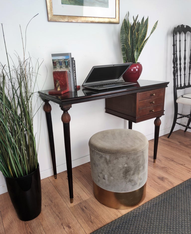 Wood 1960s Italian Art Deco Midcentury Walnut Brass Small Desk Writing Table For Sale