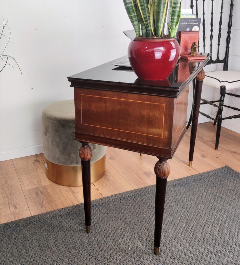 1960s Italian Art Deco Midcentury Walnut Brass Small Desk Writing Table For Sale 1