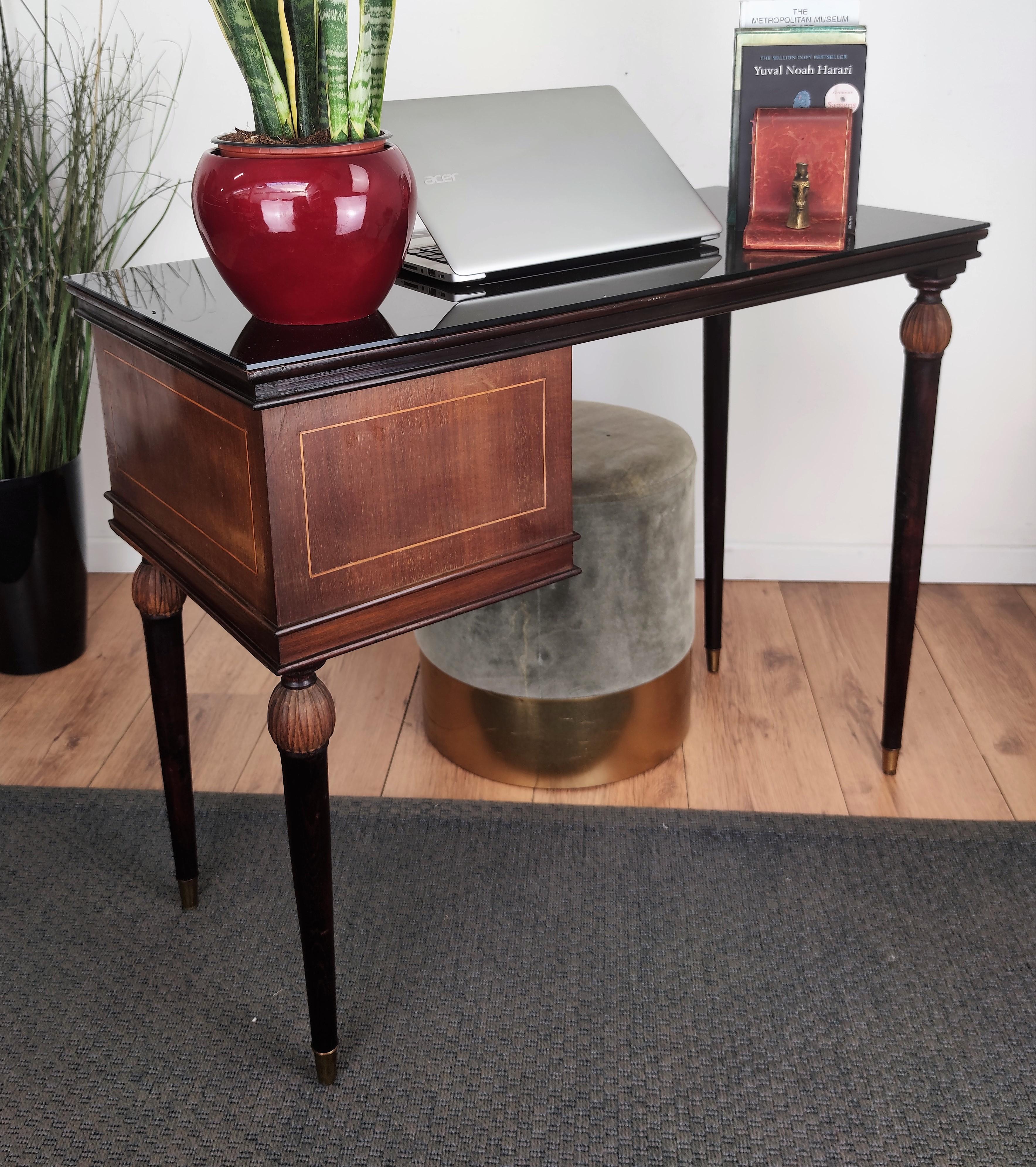 1960s Italian Art Deco Midcentury Walnut Brass Small Desk Writing Table 2