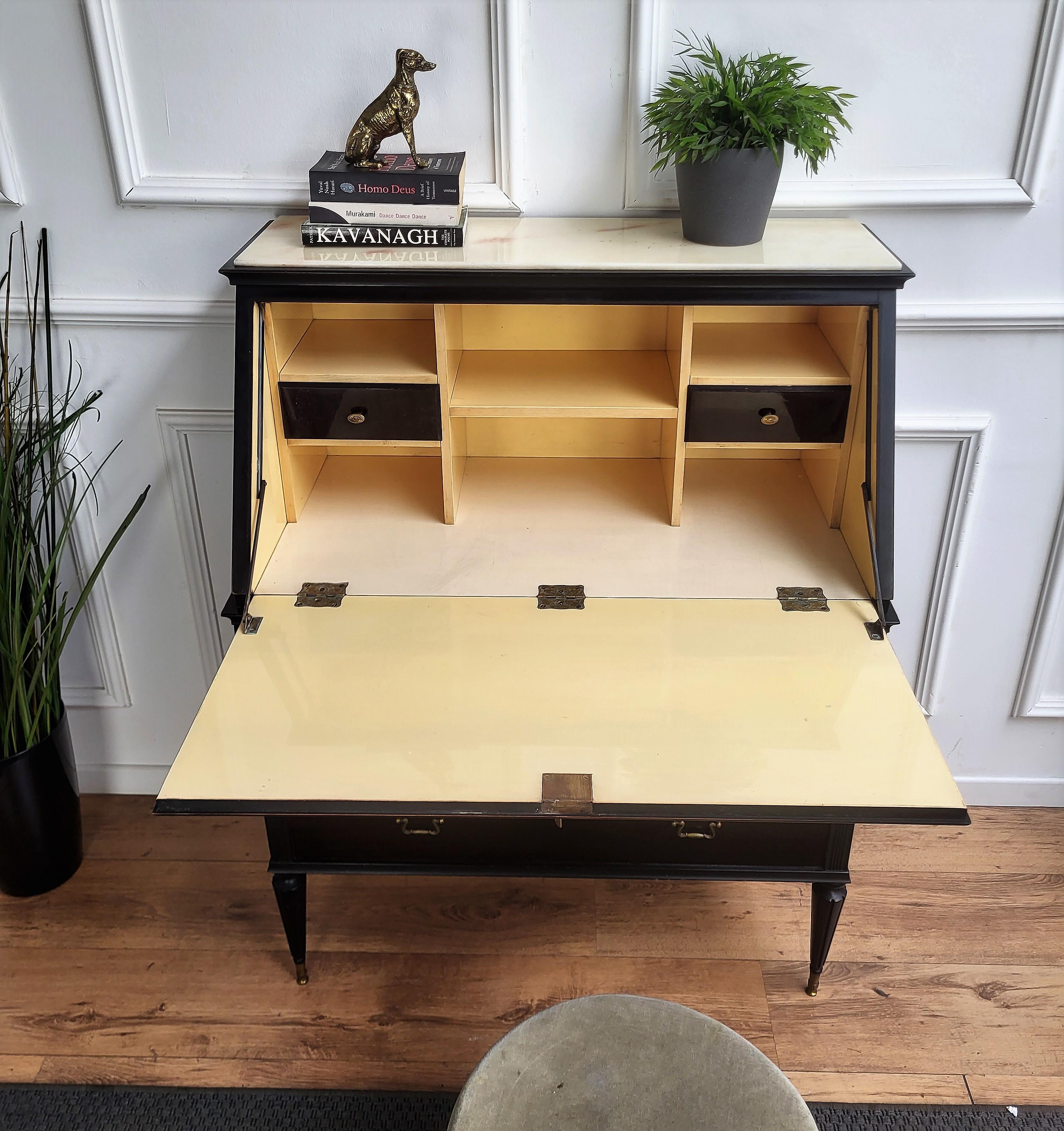 1960s Italian Art Deco Midcentury Walnut Marble Slant Front Desk Table Secretary For Sale 1