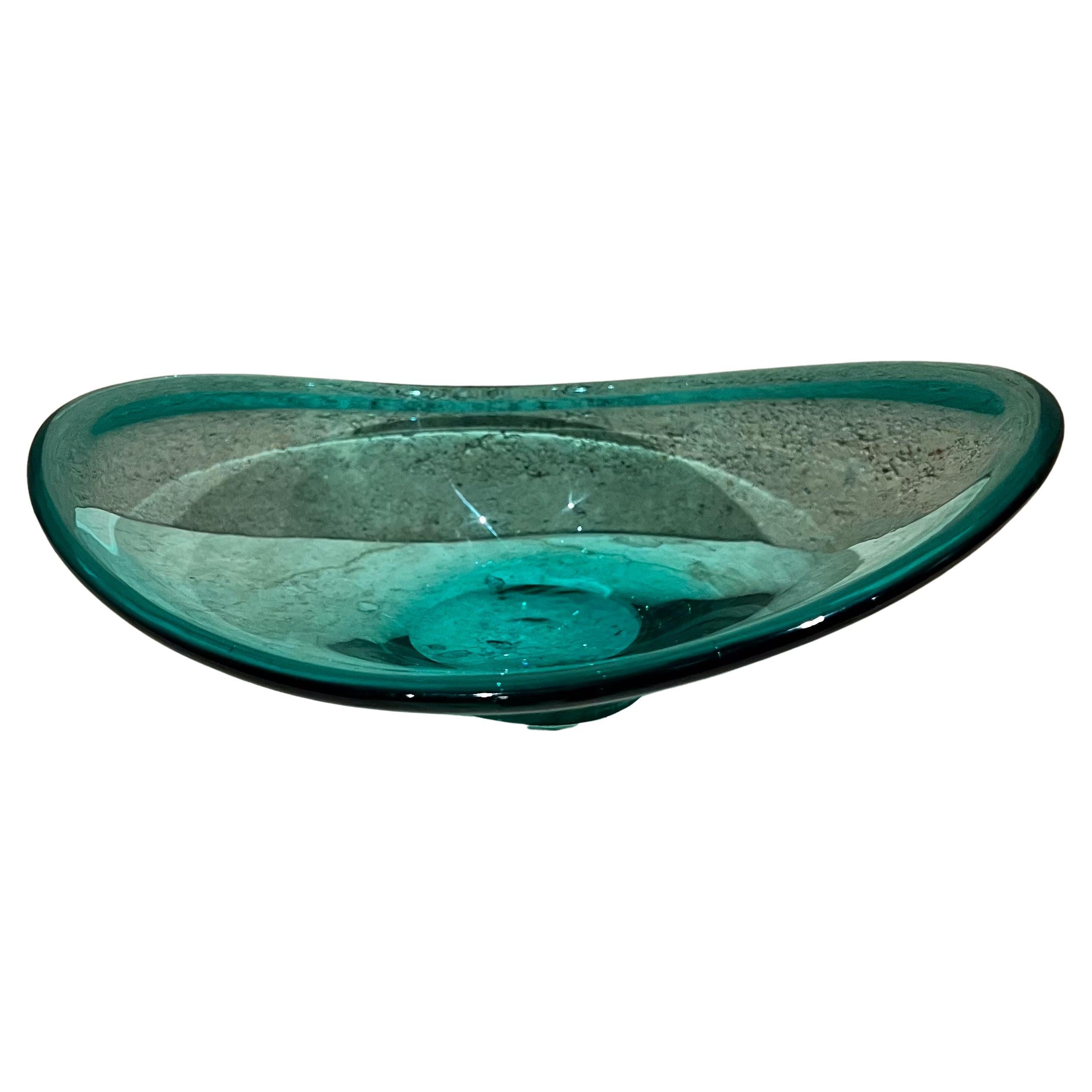 Cuenco de Murano Azul Verde de Vidrio Artístico Italiano de los años 60