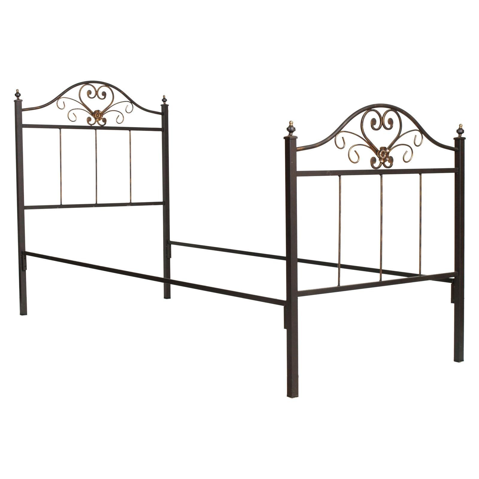 1960s Italian Art Nouveau Single Bed in Painted Wrought Iron, Golden Parts For Sale