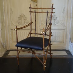 1960's Italian Bamboo Armchair, Black Rafia, Brass Details