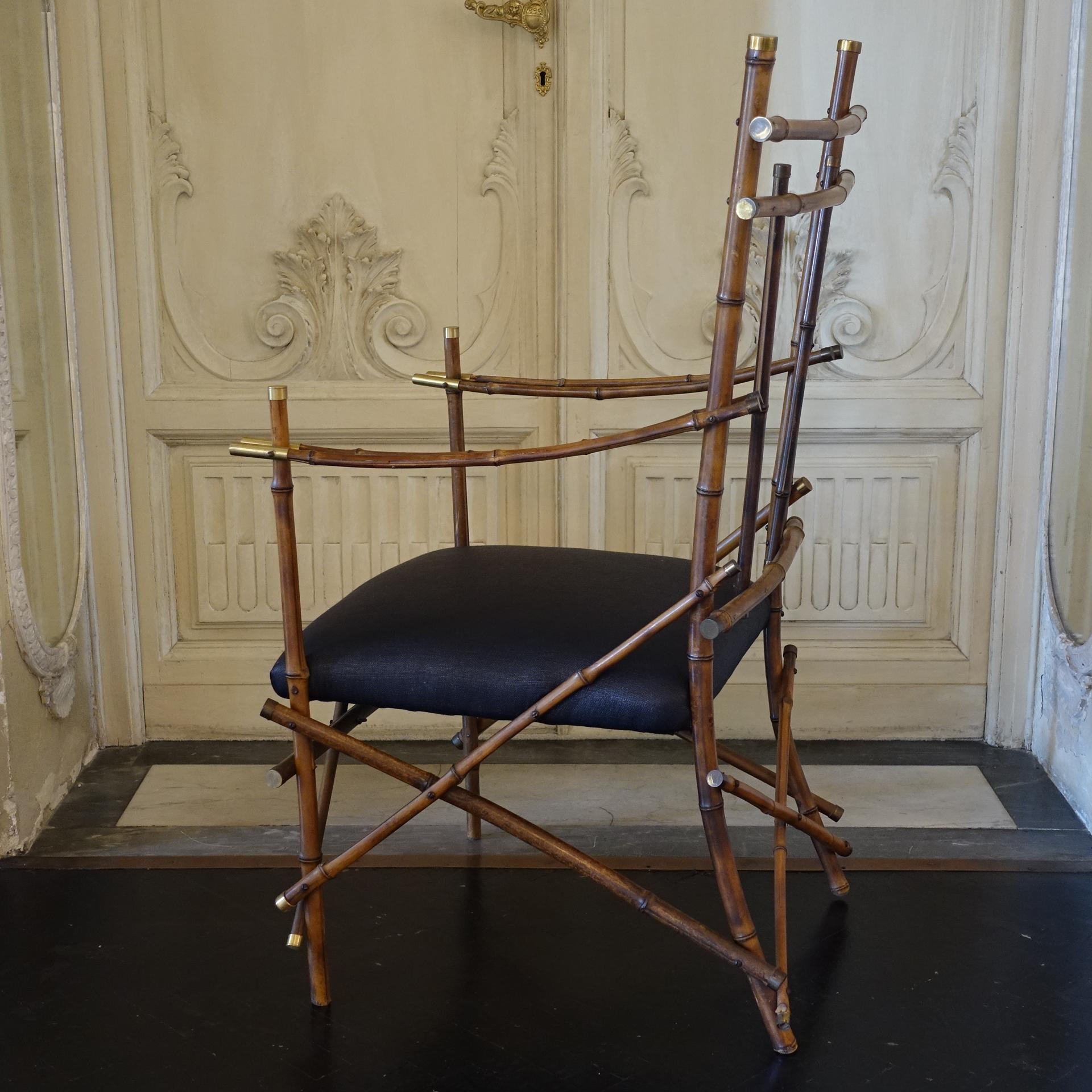 1960's Italian Bamboo Armchair, Black Rafia, Brass Details In Good Condition For Sale In Firenze, IT