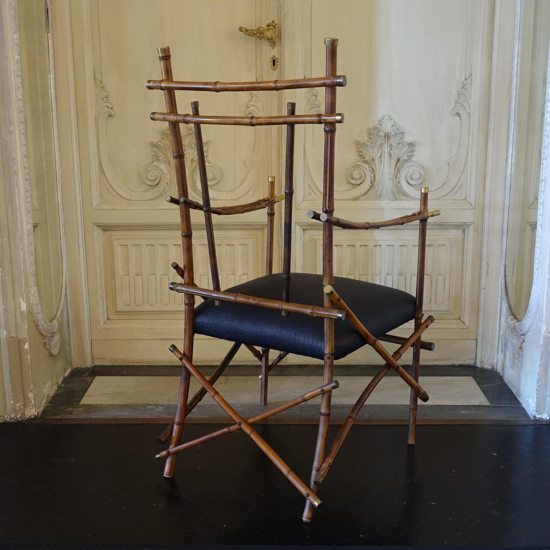 Mid-20th Century 1960's Italian Bamboo Armchair, Black Rafia, Brass Details For Sale