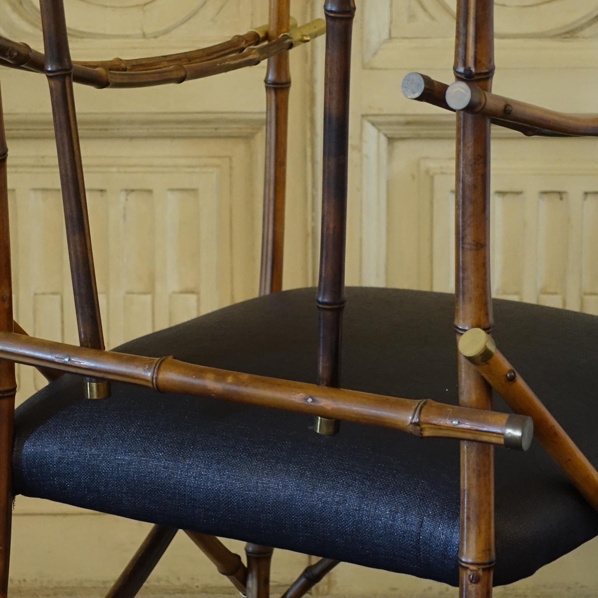 1960's Italian Bamboo Armchair, Black Rafia, Brass Details For Sale 1