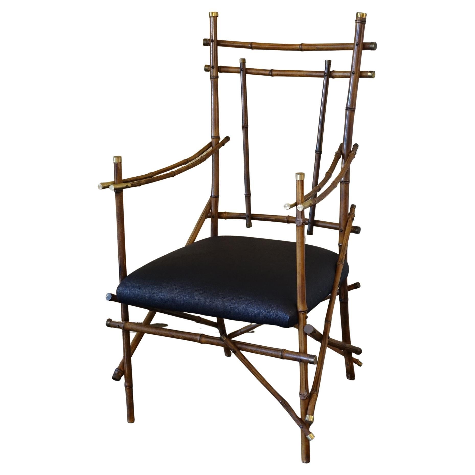 1960's Italian Bamboo Armchair, Black Rafia, Brass Details For Sale