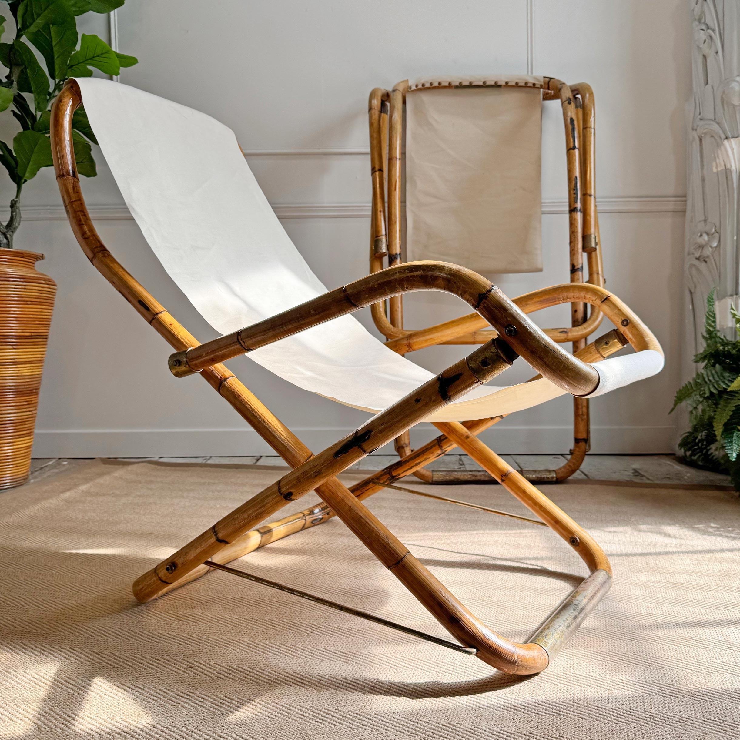 Bohemian 1960s Italian Bamboo Folding Deck Chairs For Sale