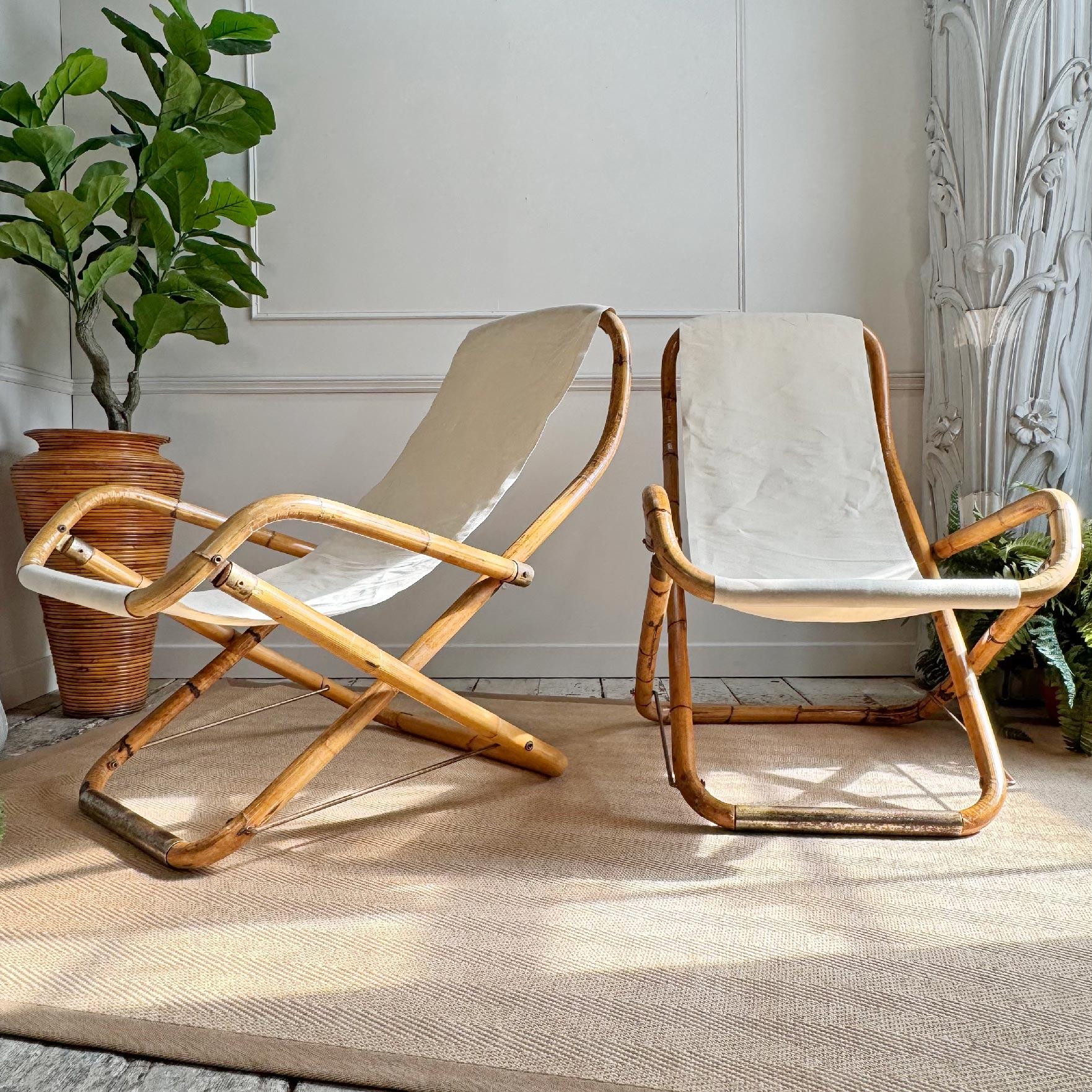 1960er Jahre Italienisch Bambus Folding Deck Chairs (Baumwolle) im Angebot