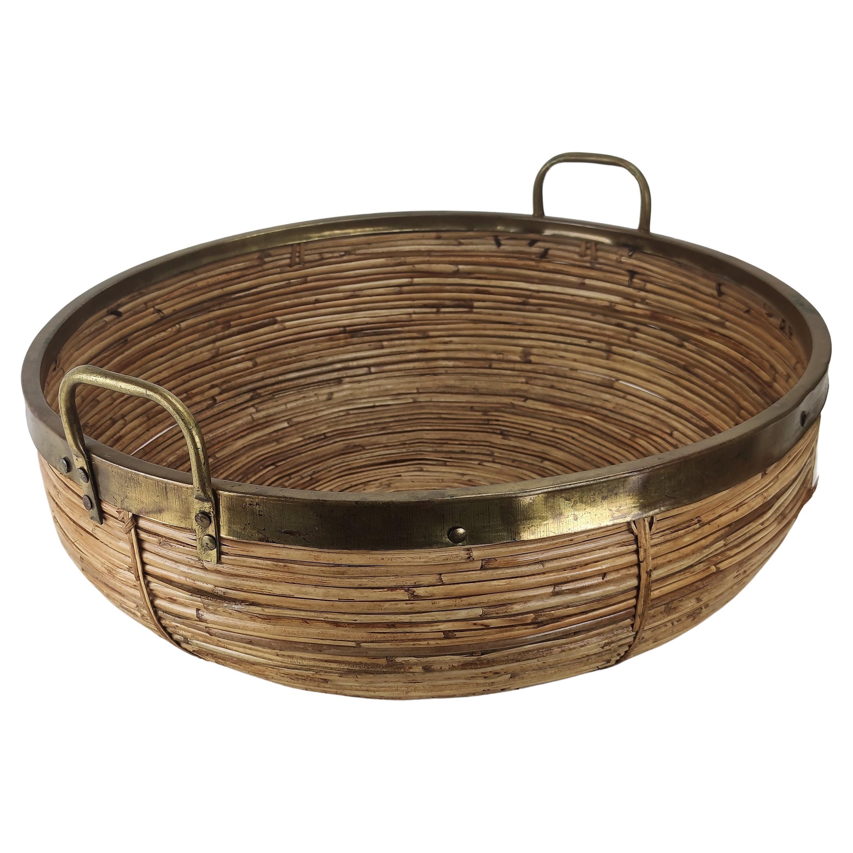 1960s Italian Bamboo Rattan and Brass Bohemian French Riviera Bowl Basket Tray