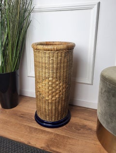 1960s, Italian Bamboo Rattan Blue Ceramic Base Umbrella Stand Rack