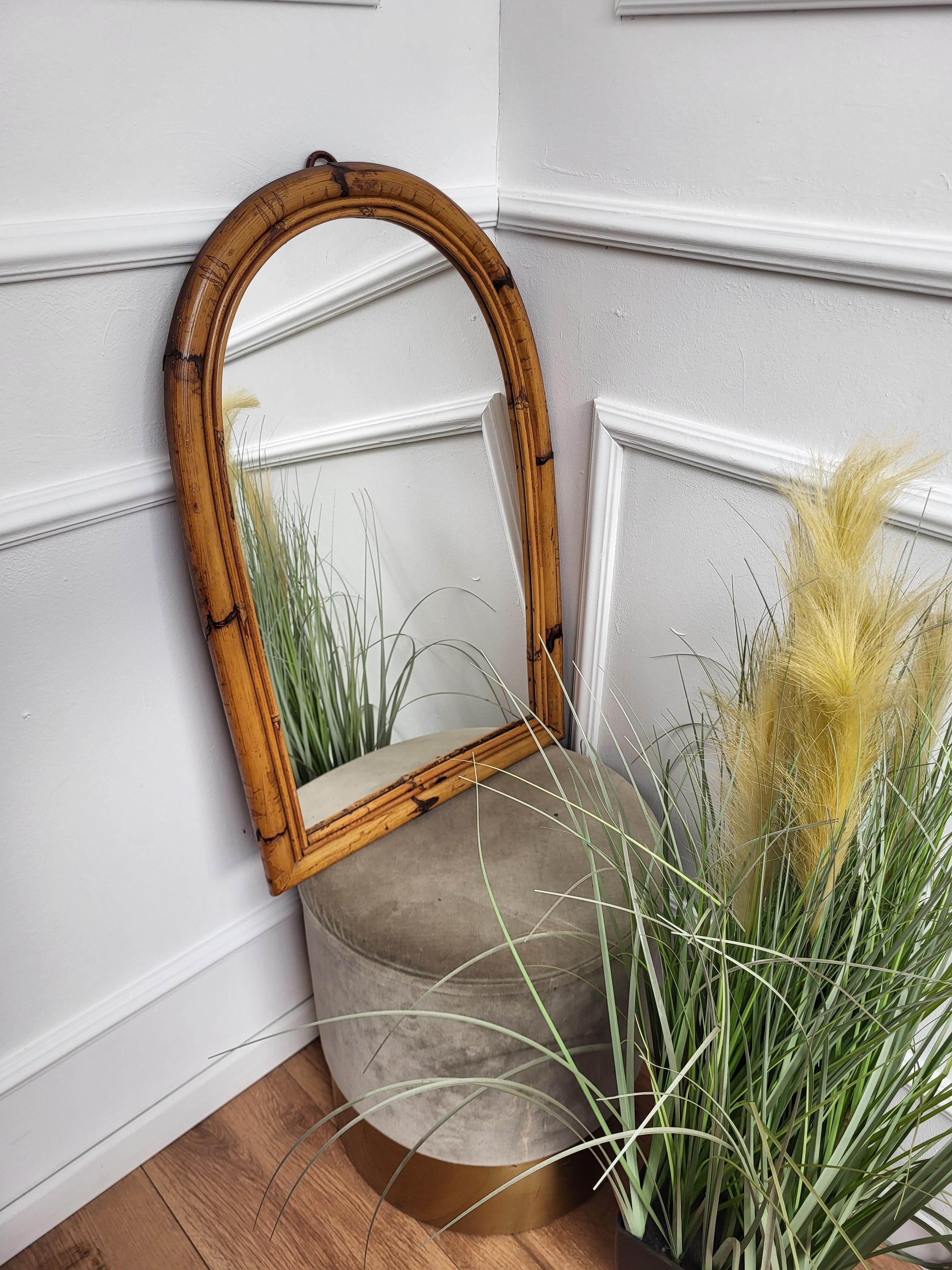 French Provincial 1960s Italian Bamboo Rattan Bohemian French Riviera Arched Wall Mirror For Sale