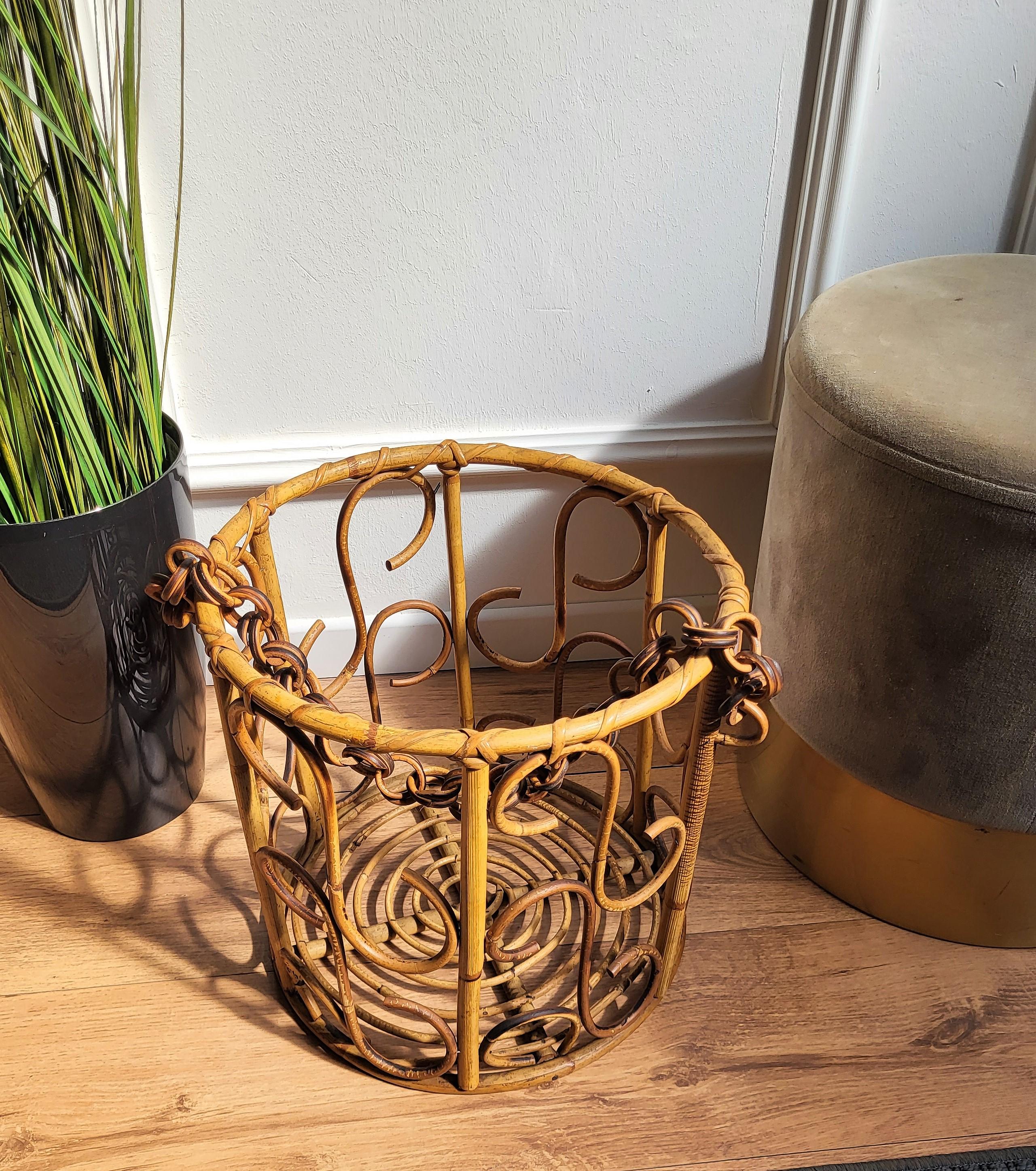 French Provincial 1960s Italian Bamboo Rattan Bohemian French Riviera Basket For Sale