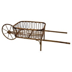 Vintage 1960s Italian Bamboo Rattan Bohemian French Riviera Basket Magazine Wheelbarrow