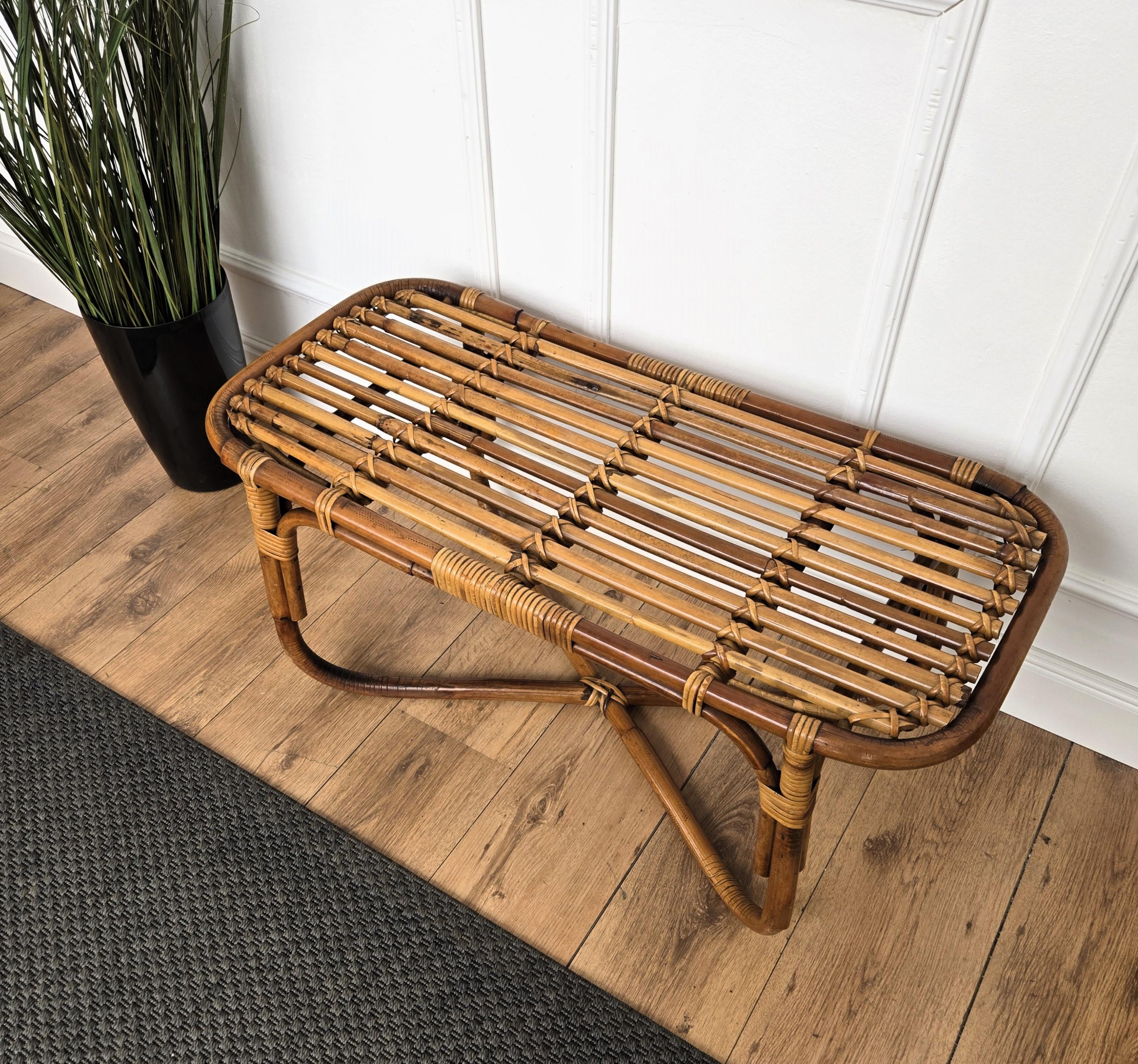 French Provincial 1960s Italian Bamboo Rattan Bohemian French Riviera Bench or Side Accent Table