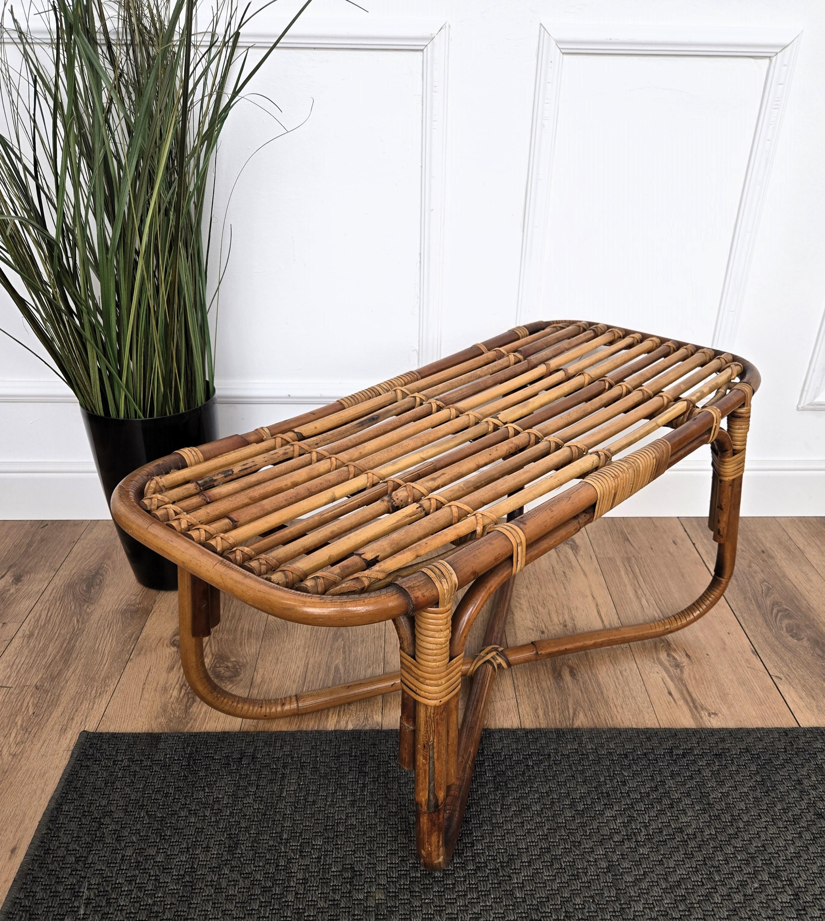20th Century 1960s Italian Bamboo Rattan Bohemian French Riviera Bench or Side Accent Table