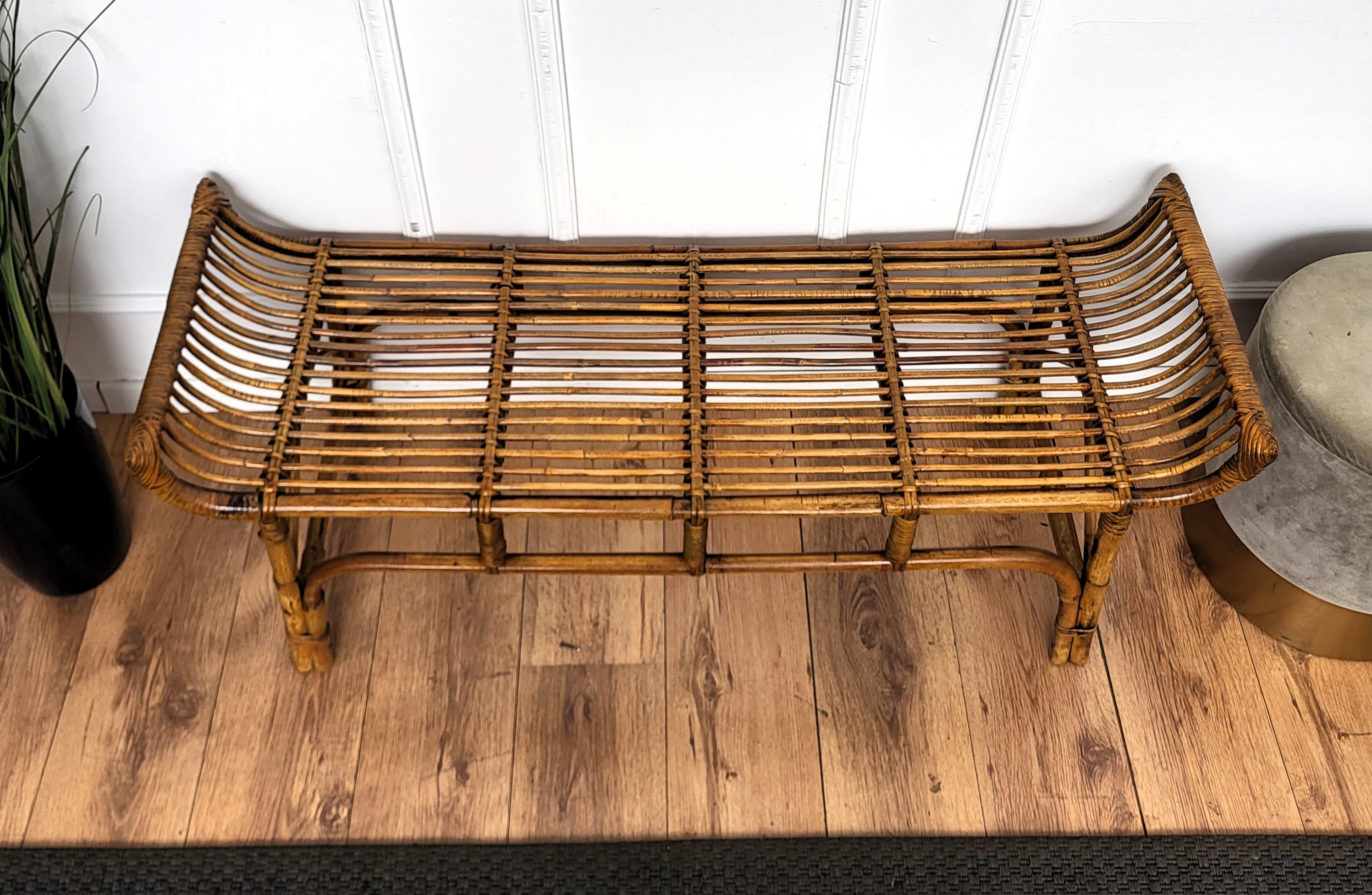 1960s Italian Bamboo Rattan Bohemian French Riviera Bench or Side Accent Table 1