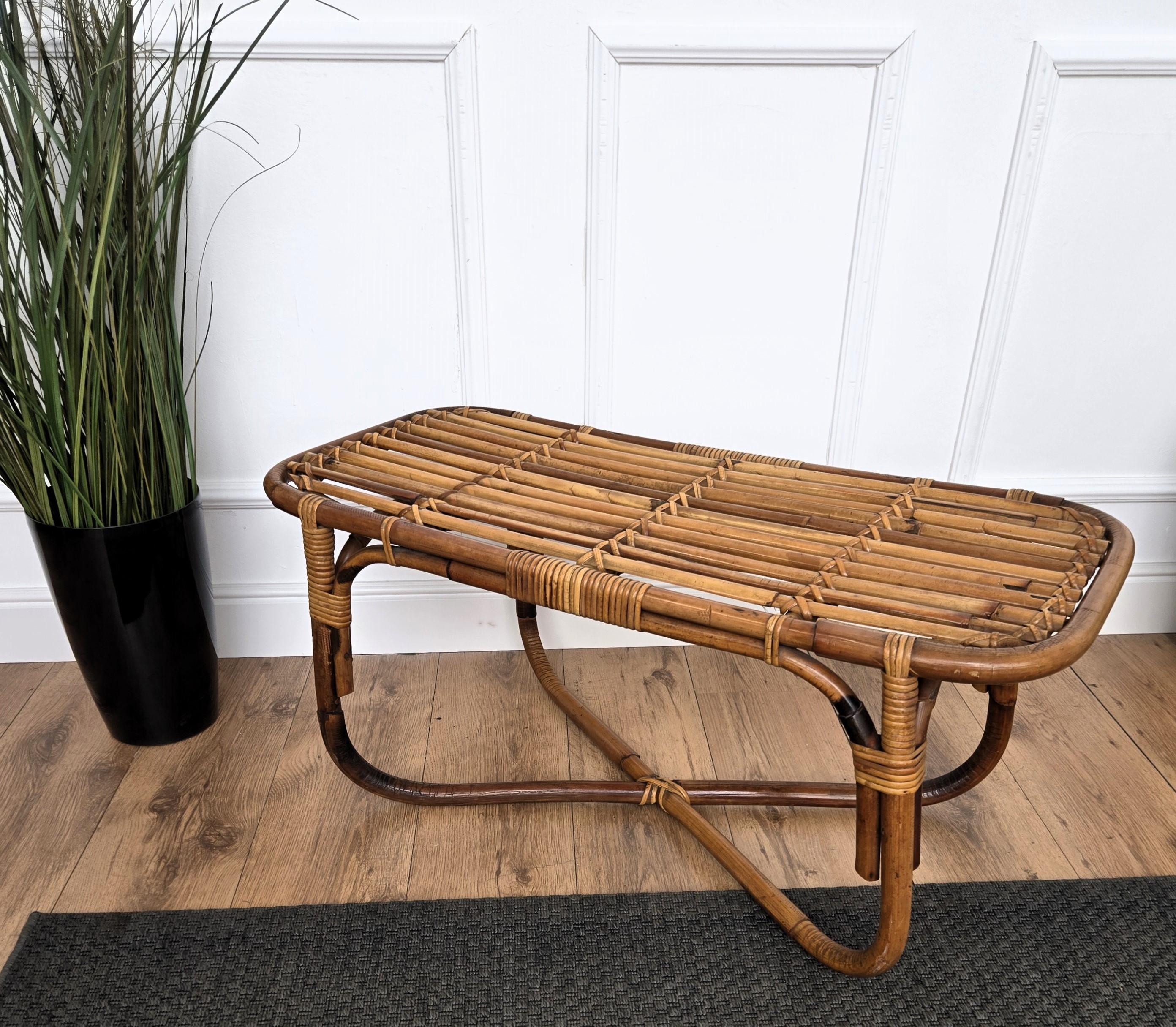1960s Italian Bamboo Rattan Bohemian French Riviera Bench or Side Accent Table 1