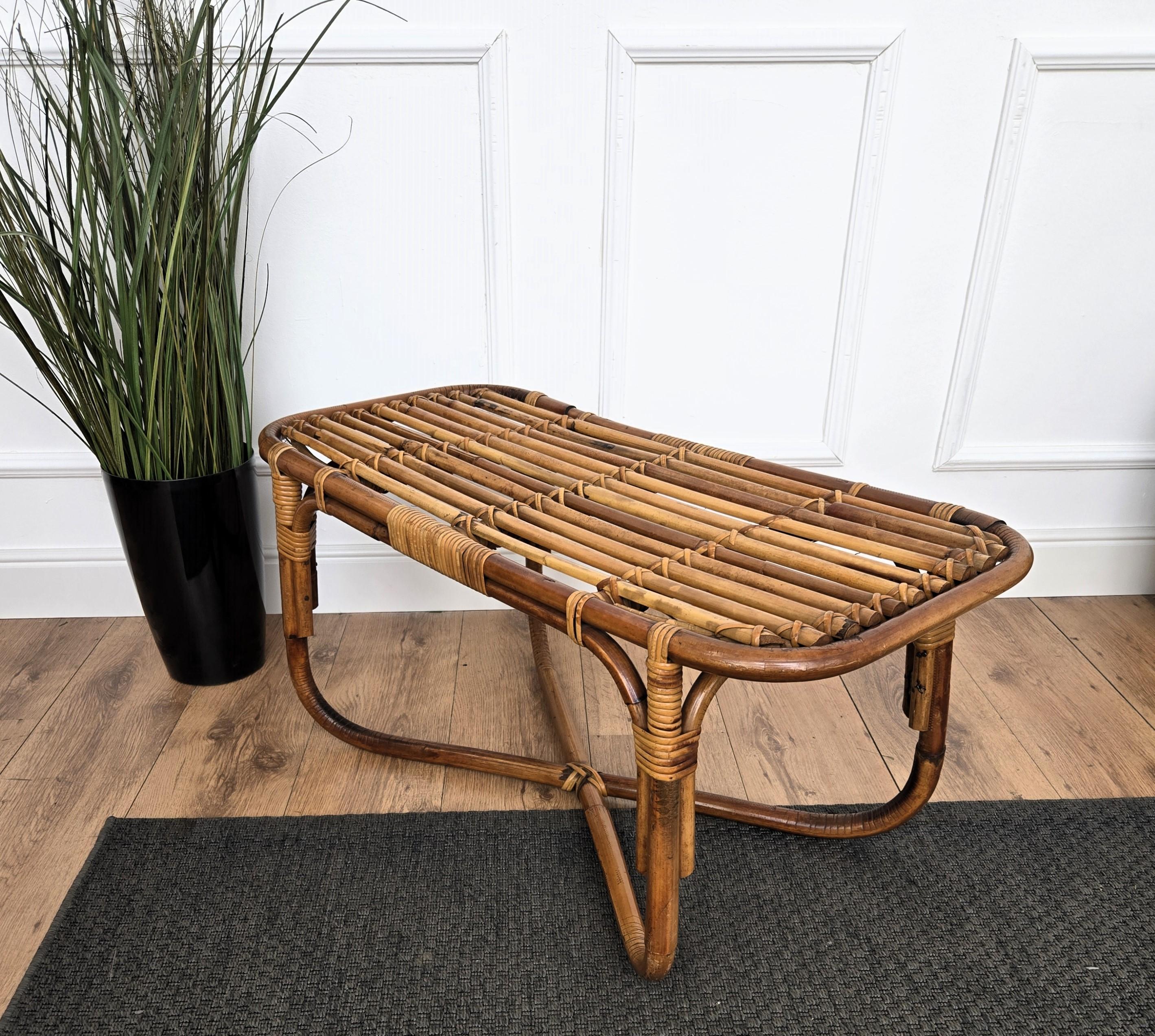 1960s Italian Bamboo Rattan Bohemian French Riviera Bench or Side Accent Table 2