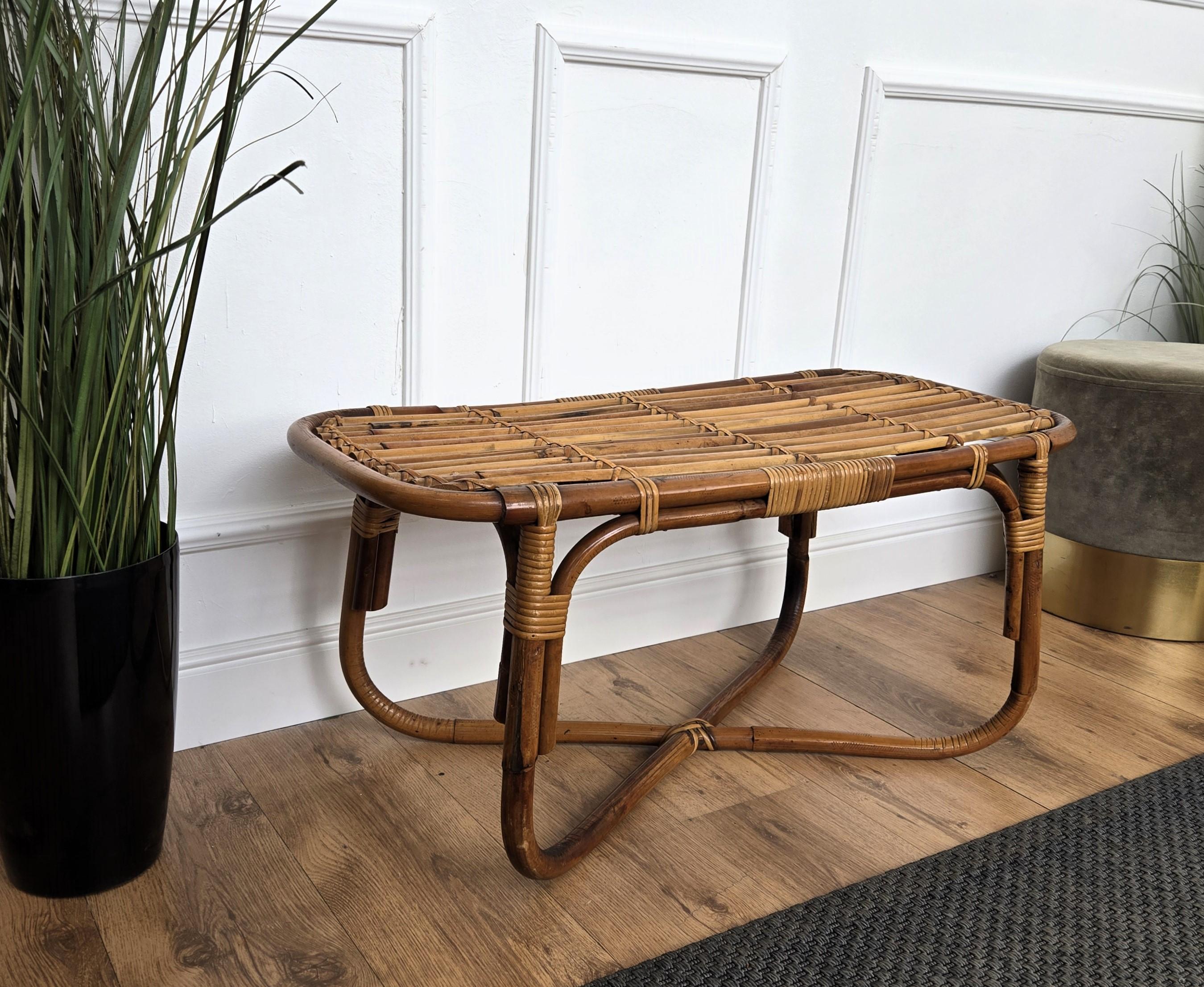 1960s Italian Bamboo Rattan Bohemian French Riviera Bench or Side Accent Table 3