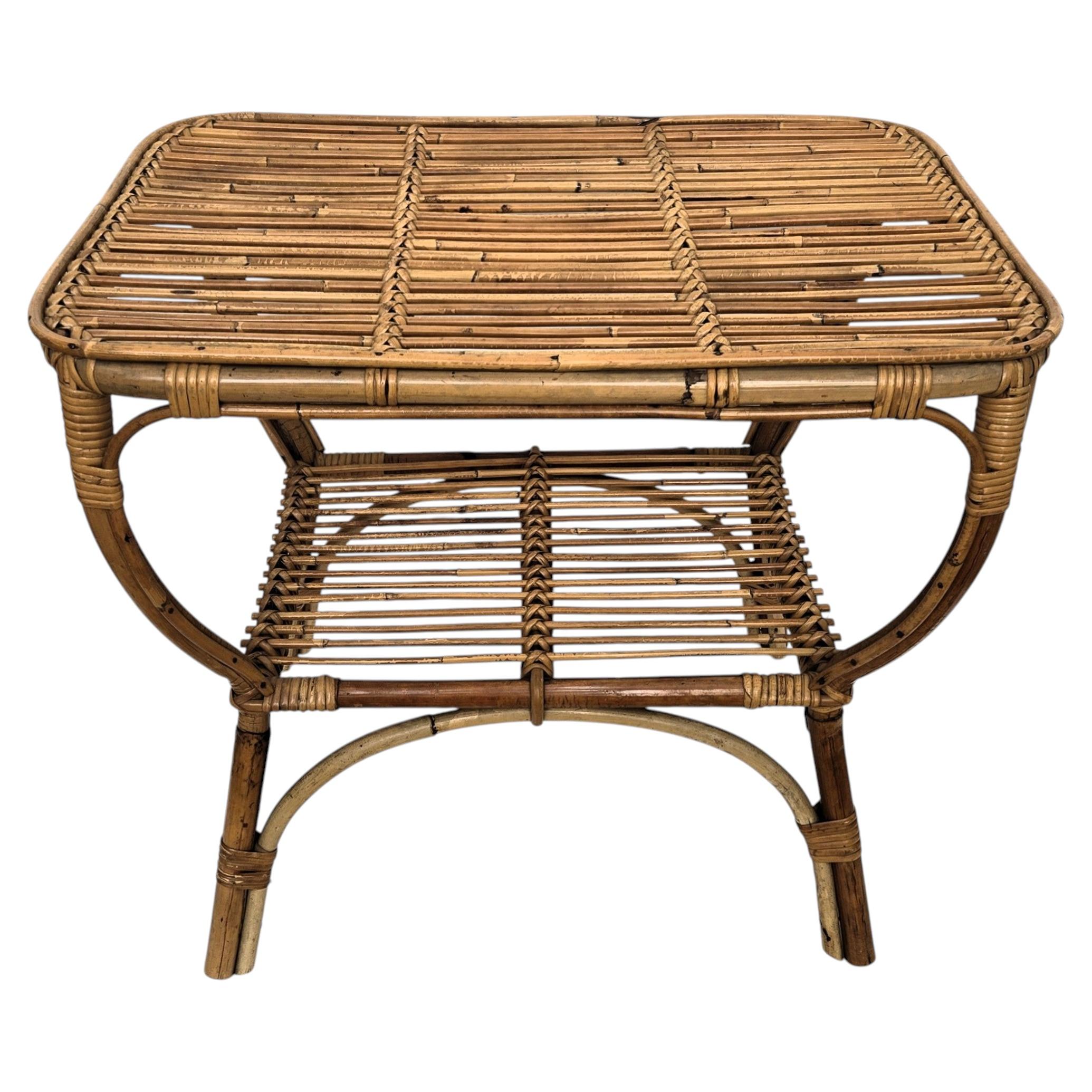 1960s Italian Bamboo Rattan Bohemian French Riviera Bench or Side Accent Table For Sale