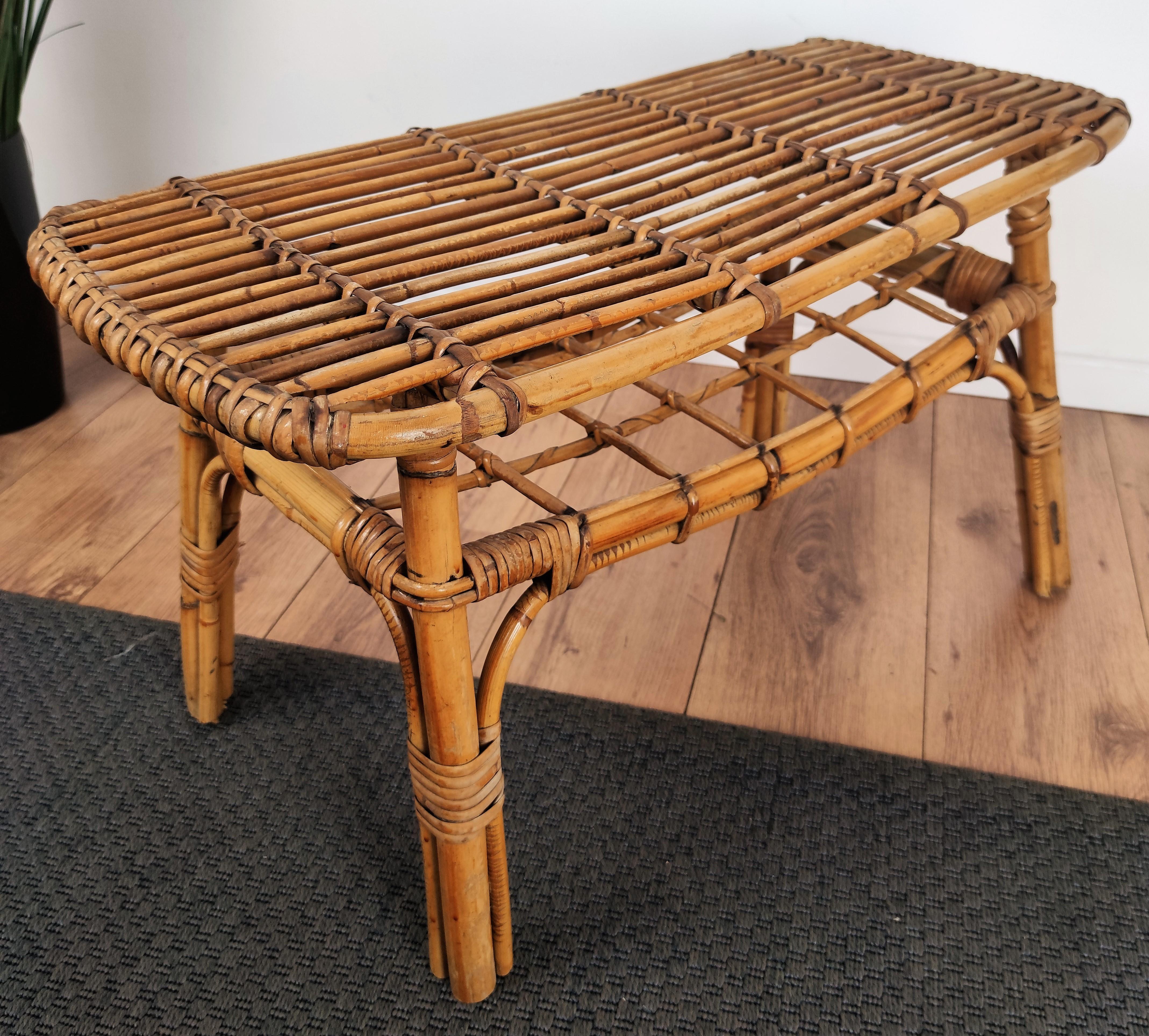 Beautiful 1960s Italian Mid-Century Modern bench or accent and coffee table, perfect in any entry hallway as well as next to a sofa or in any bathroom. This charming piece is in the typical style of Audoux and Minet where the organic beauty of the
