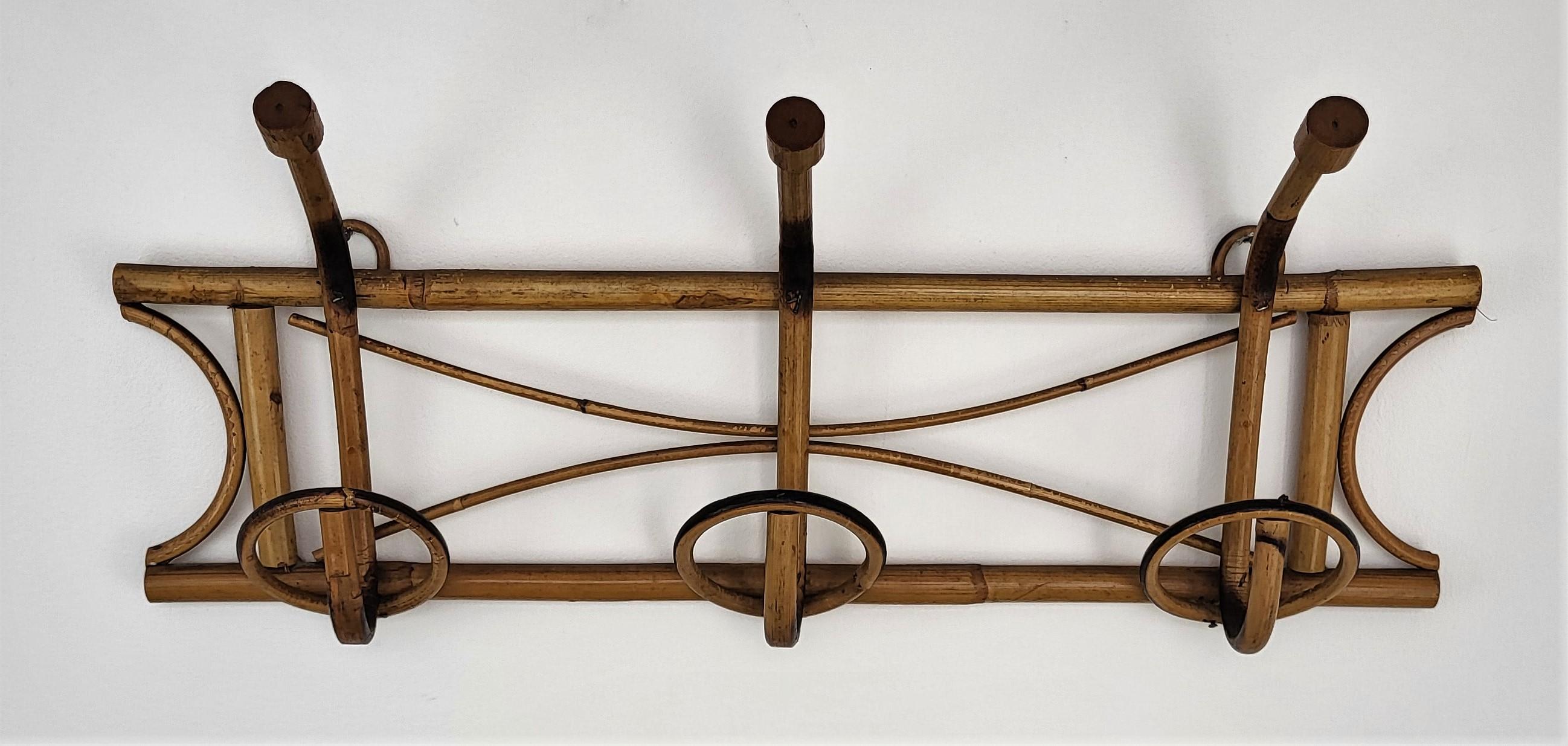 20th Century 1960s Italian Bamboo Rattan Bohemian French Riviera Coat Hanger Rack Stand For Sale