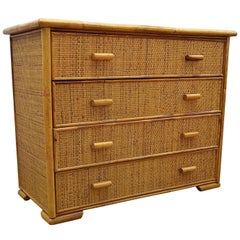 1960s Italian Bamboo & Rattan Bohemian French Riviera Commode Four Drawers Chest