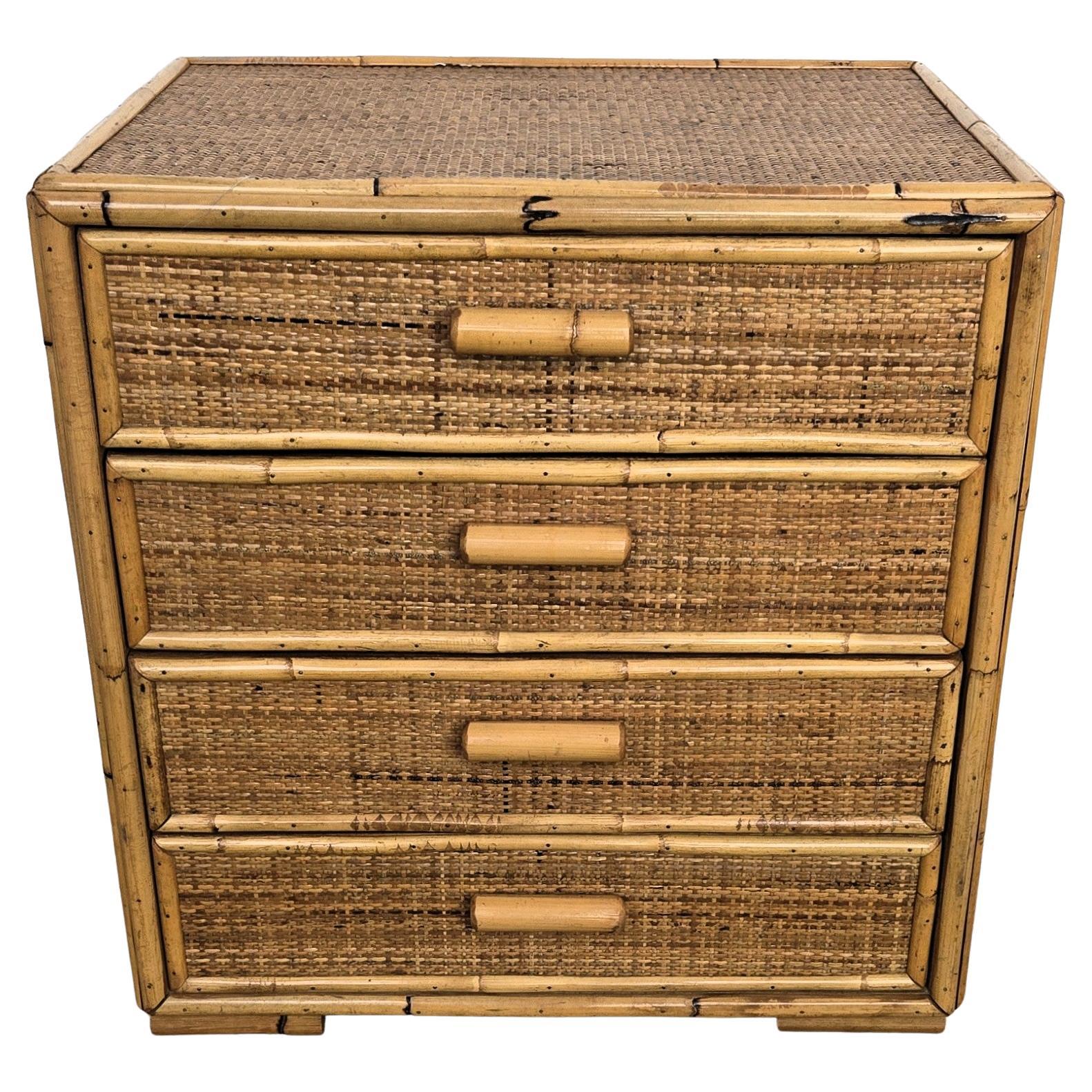 1960s Italian Bamboo 
Rattan Bohemian French Riviera Commode Four Drawers Chest