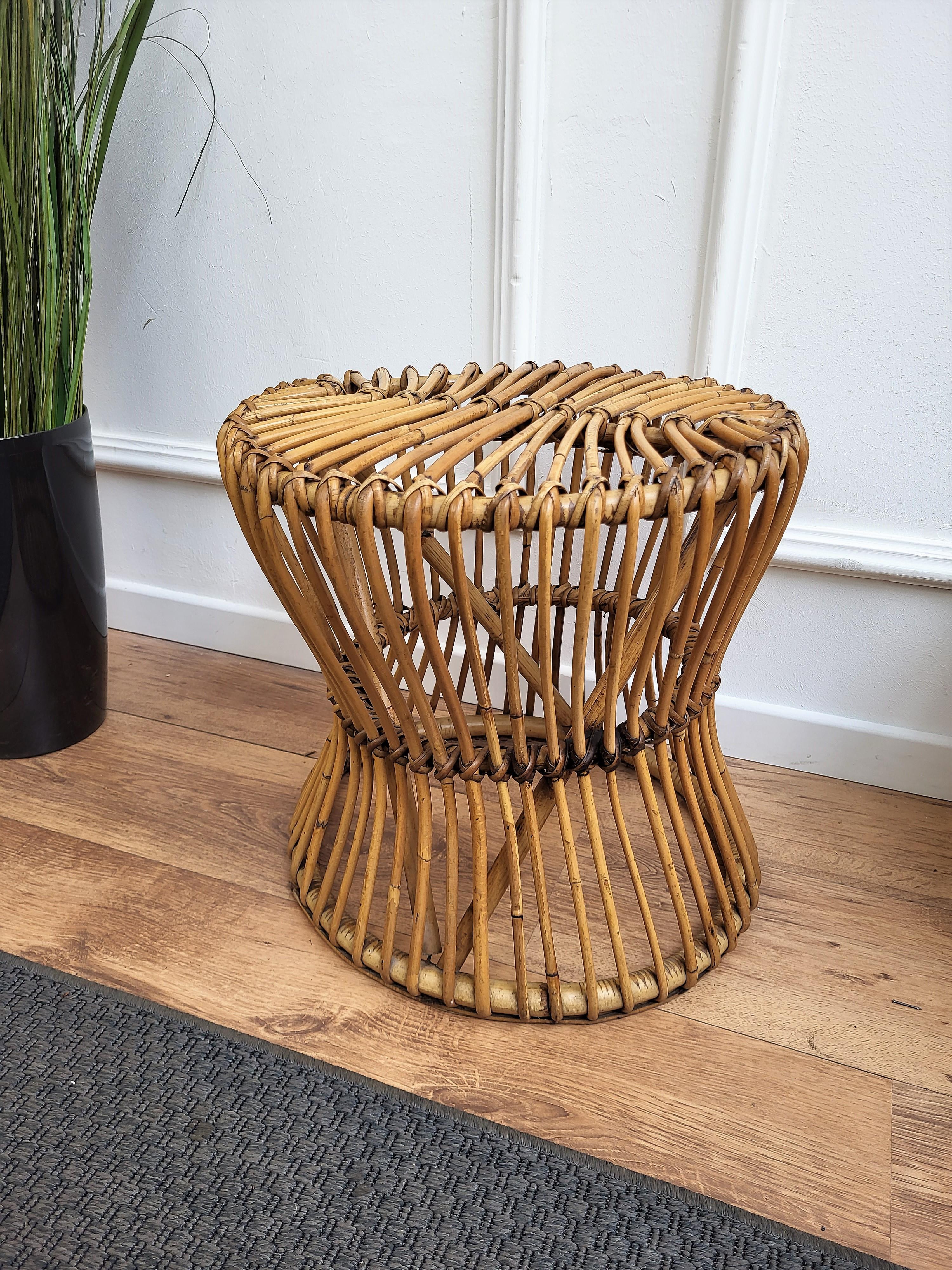 French Provincial 1960s Italian Bamboo Rattan Bohemian French Riviera Designer Stool For Sale
