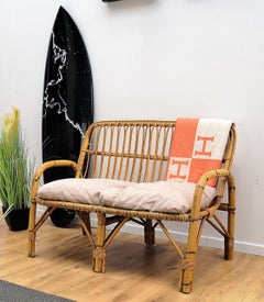 1960s Italian Bamboo Rattan Bohemian French Riviera Lounge Bench Chair