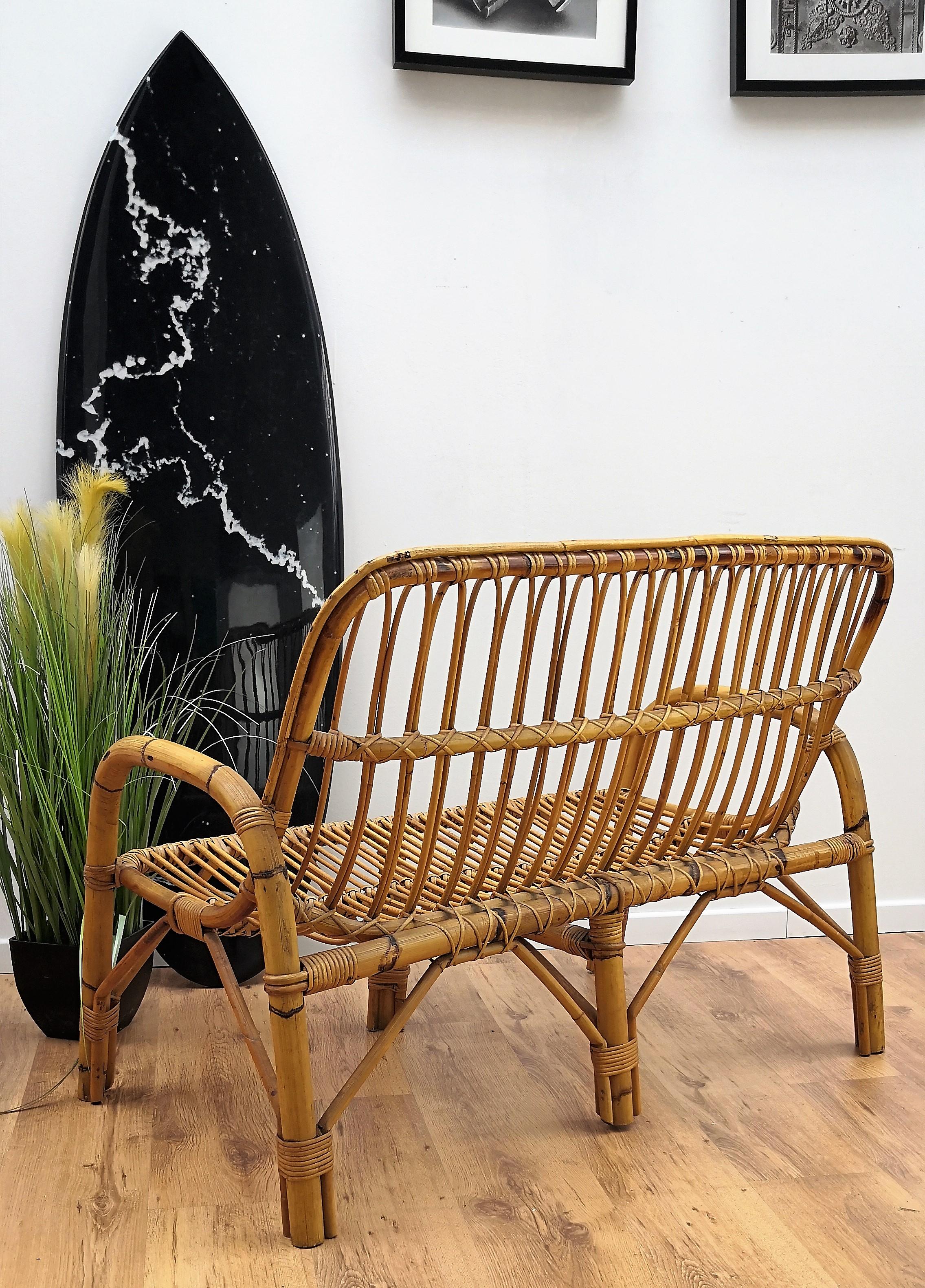 French Provincial 1960s Italian Bamboo Rattan Bohemian French Riviera Lounge Bench Chair