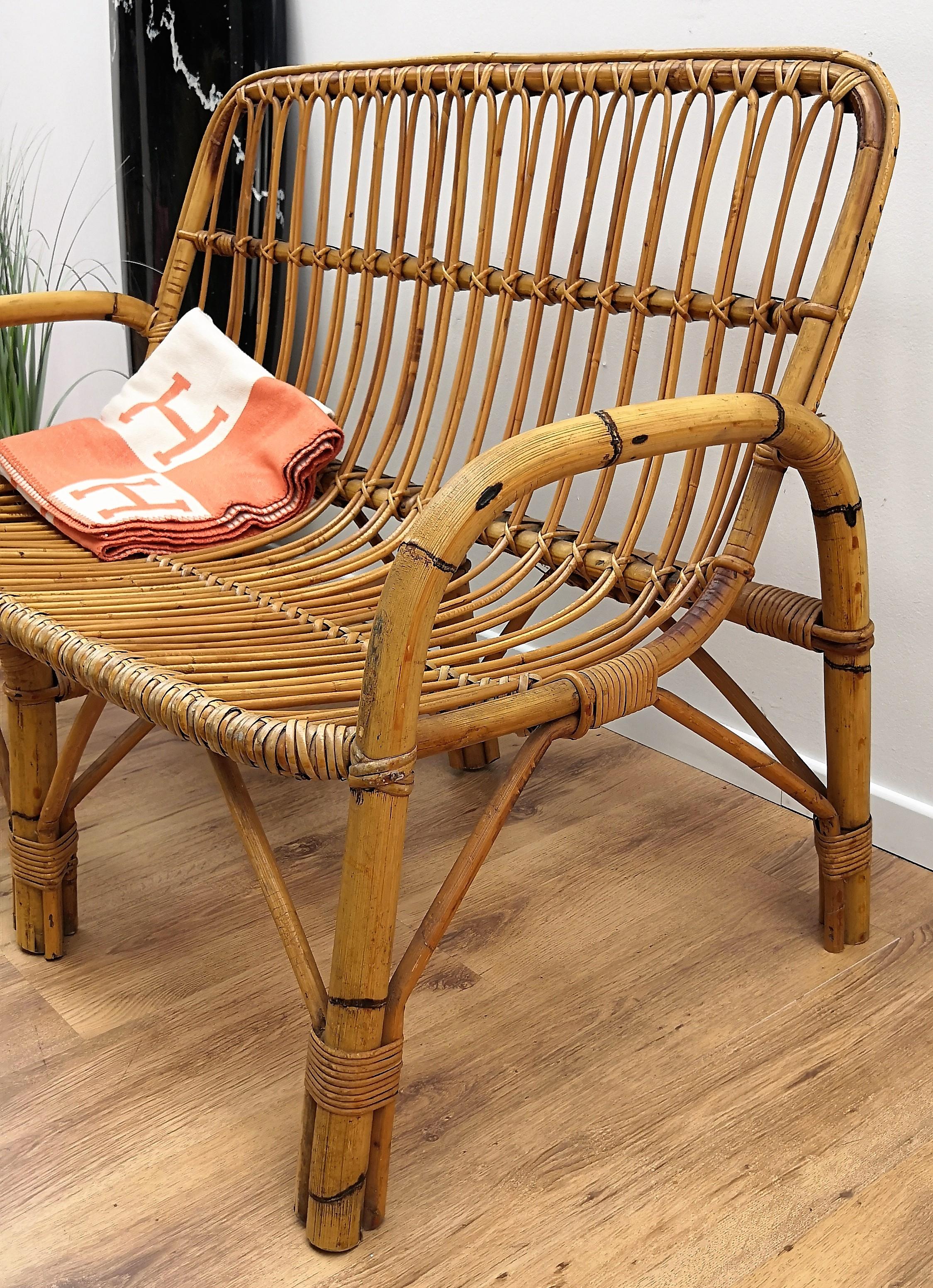 1960s Italian Bamboo Rattan Bohemian French Riviera Lounge Bench Chair In Good Condition In Carimate, Como