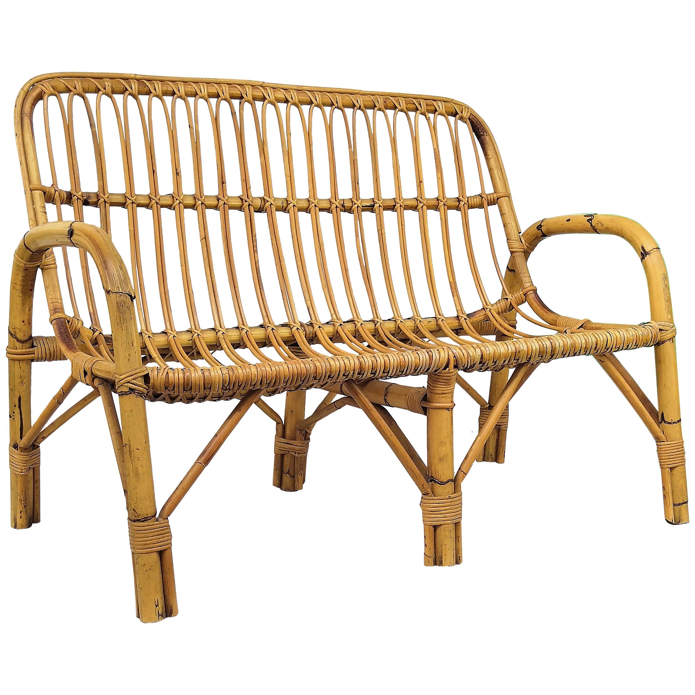 1960s Italian Bamboo Rattan Bohemian French Riviera Lounge Bench Chair